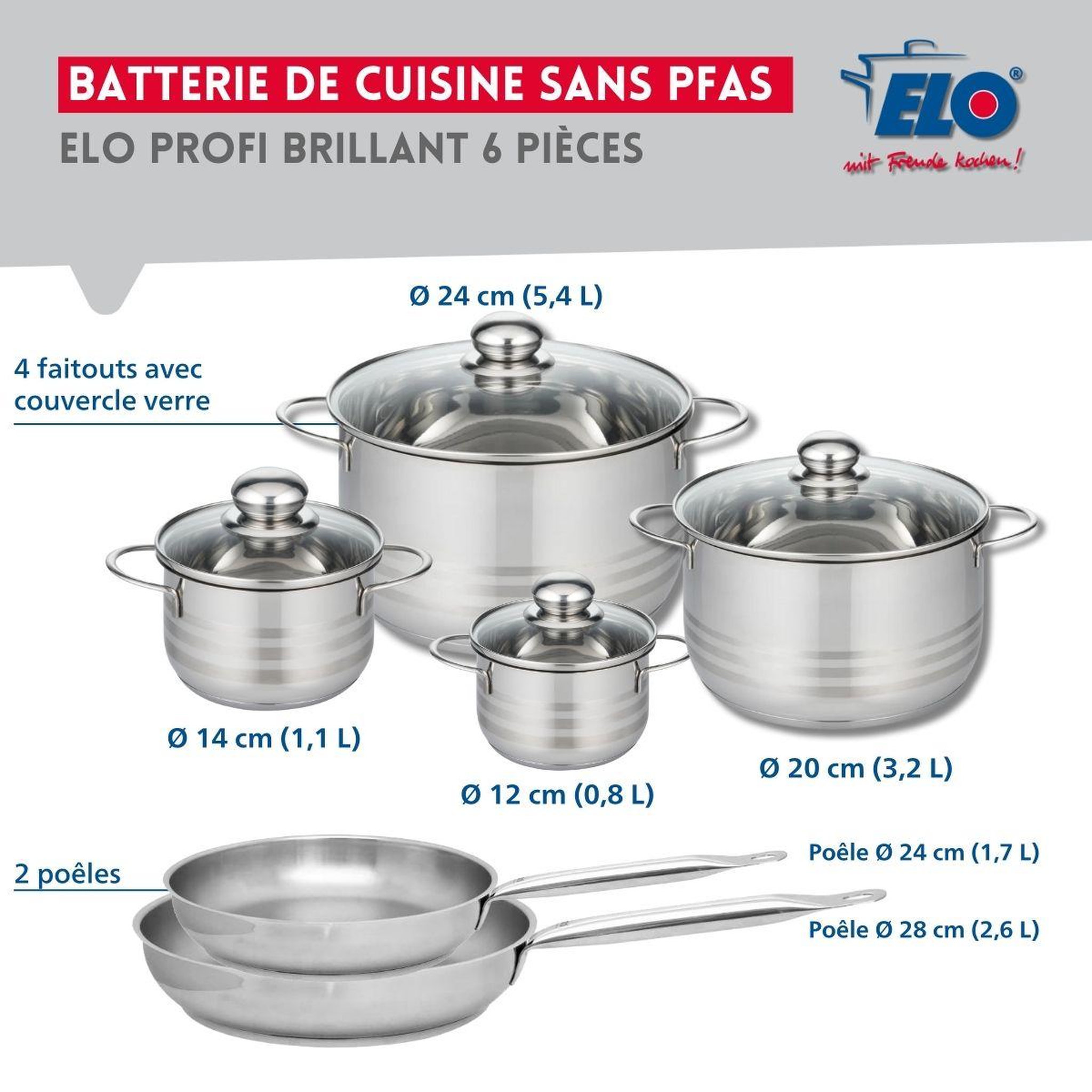 Voir la diapositive 2 : ELO Ensemble de 2 poêles de cuisson 24 et 28 cm et 4 faitouts 12, 14, 20 et 24 cm elo profi brillant