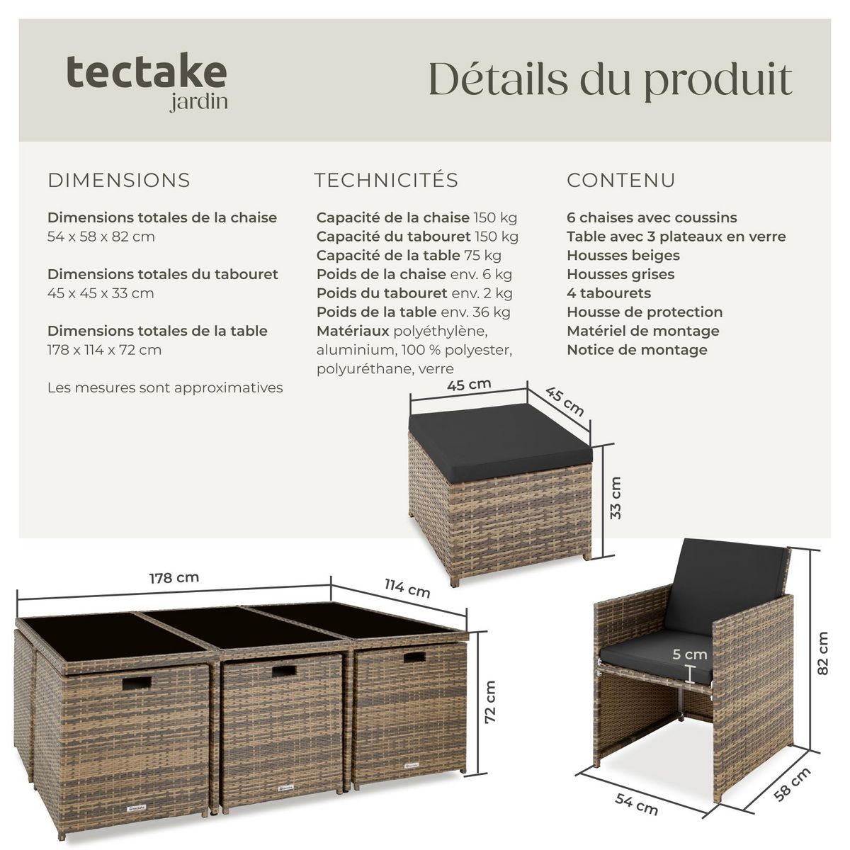 tectake Salon de jardin avec cadre en aluminium marron naturel