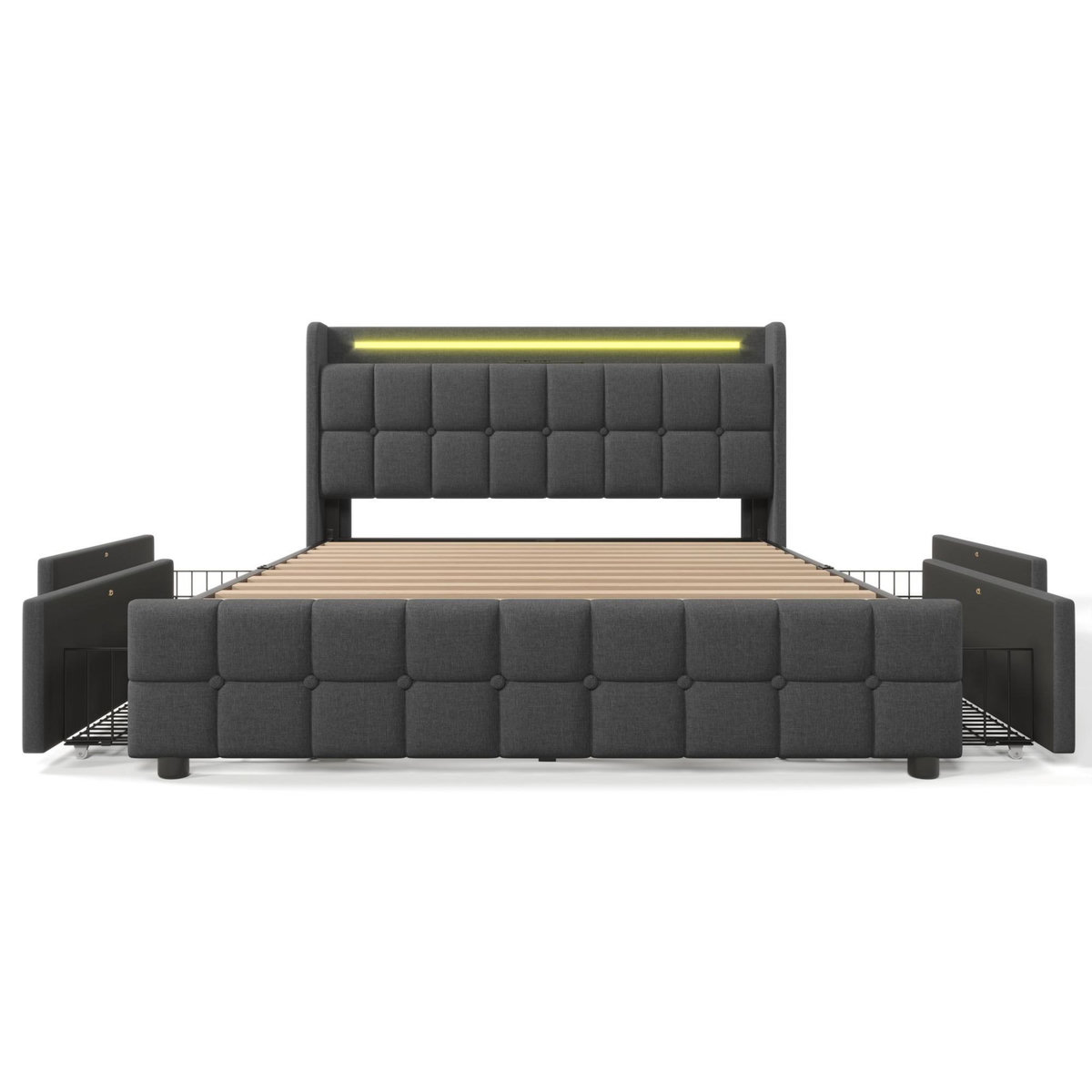 MERAX Lit avec sommier et tiroirs Gris