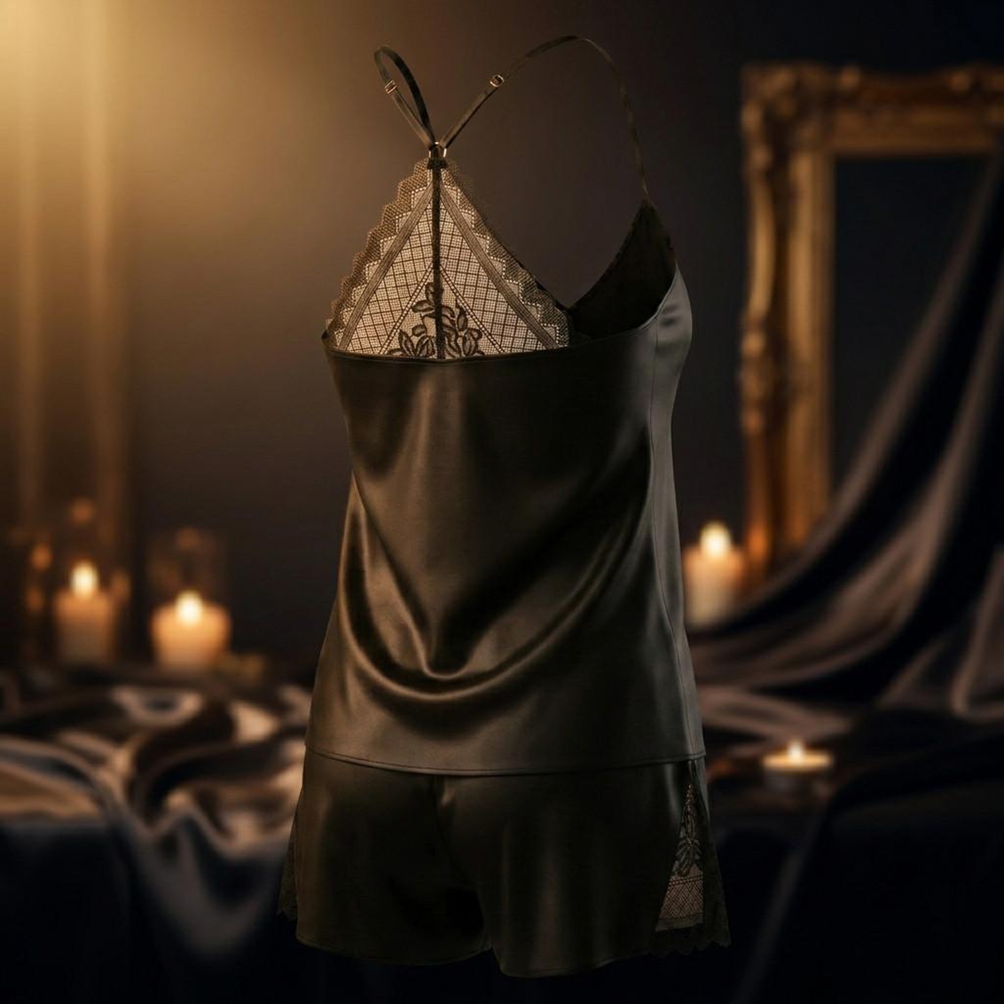 Voir la diapositive 5 : OZABI OZABI Pyjama Femme Satiné Débardeur Dentelle Col V Toucher Soie