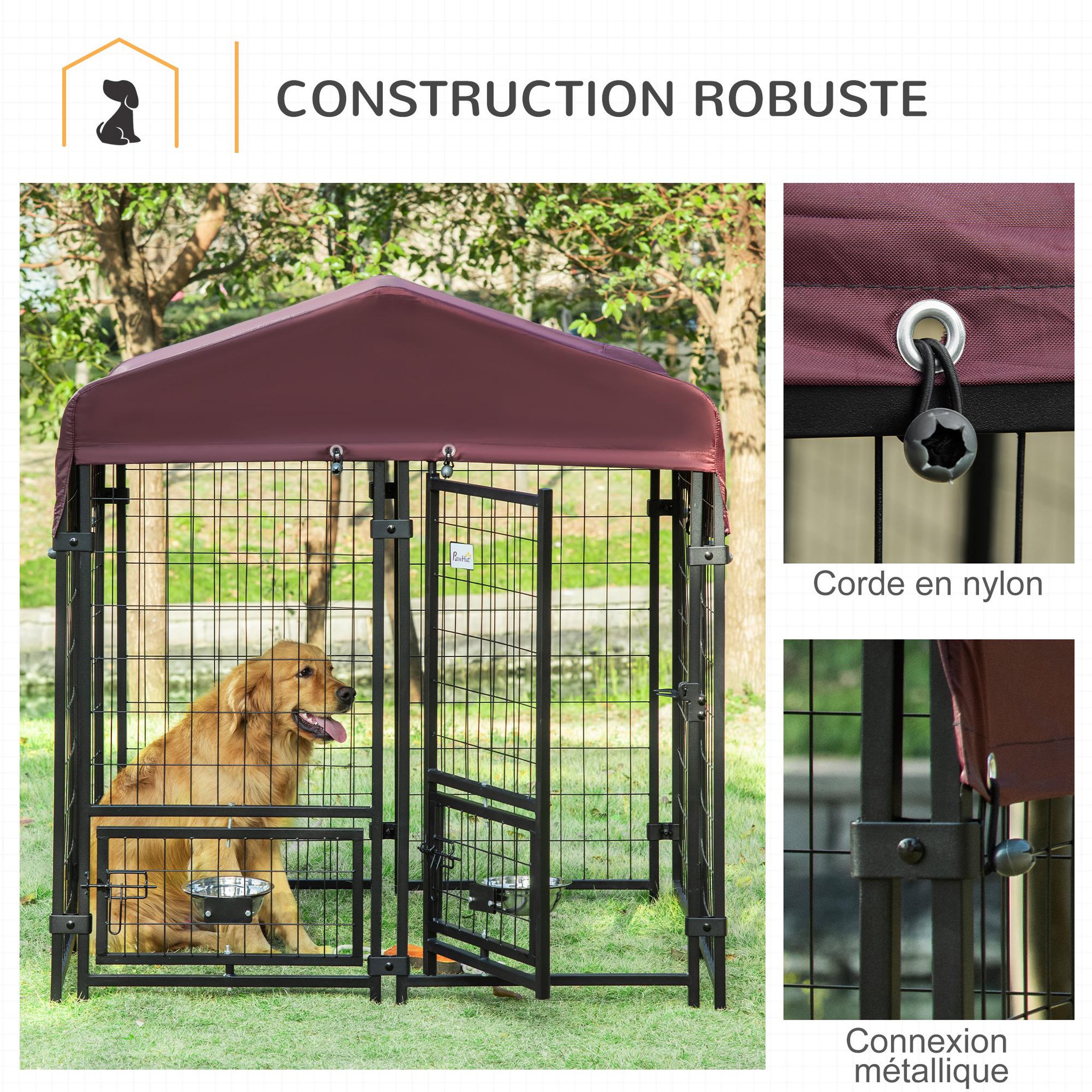 Voir la diapositive 6 : PAWHUT Chenil extérieur pour chien - cage chien - enclos chien - toile toit imperméable anti-uv, porte verrouillable, 2 bols rotatifs - acier noir oxford pourpre