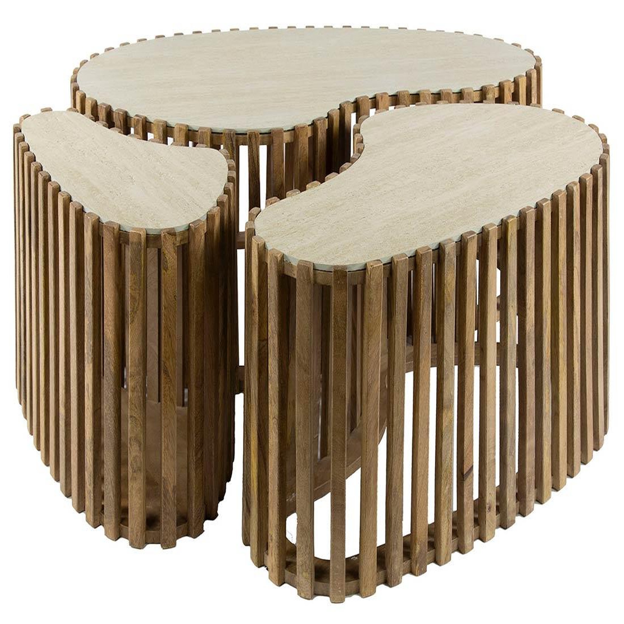 BEST MOBILIER Jade - lot de 3 tables basses gigognes effet travertin - pieds en bois massif de manguier - 90, 70 et 50 cm. Coloris disponibles : Marron