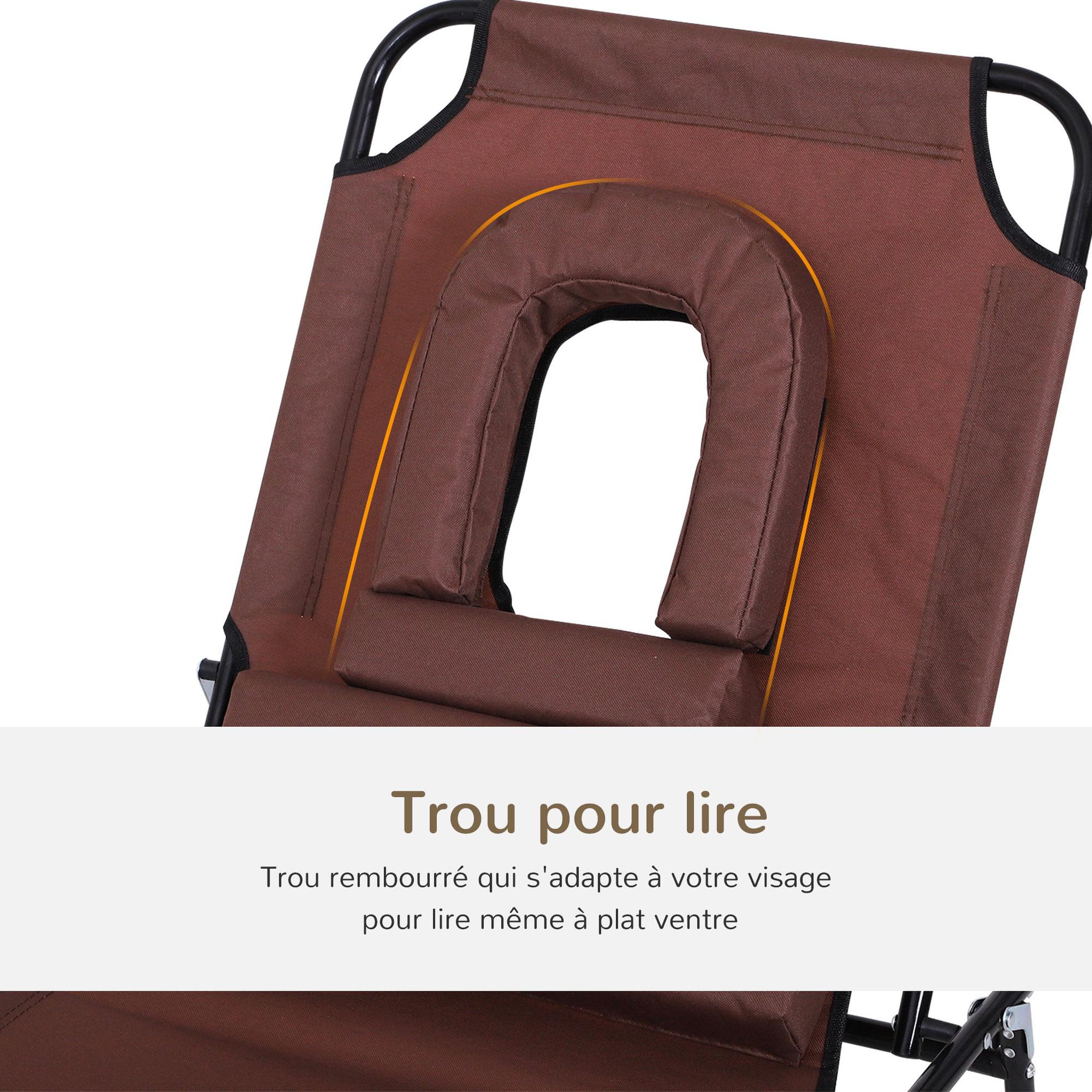 Voir la diapositive 5 : OUTSUNNY Bain de soleil pliable transat inclinable 4 positions chaise longue de lecture 3 coussins fournis marron