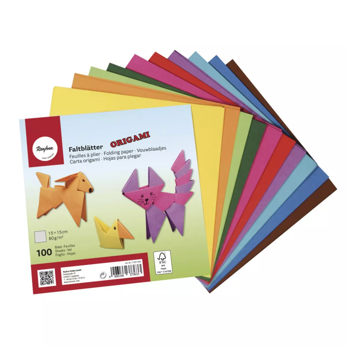 Rayher Origami feuilles à plier, FSC Mix Credit, 15x15cm, 80g / m², 100 feuilles