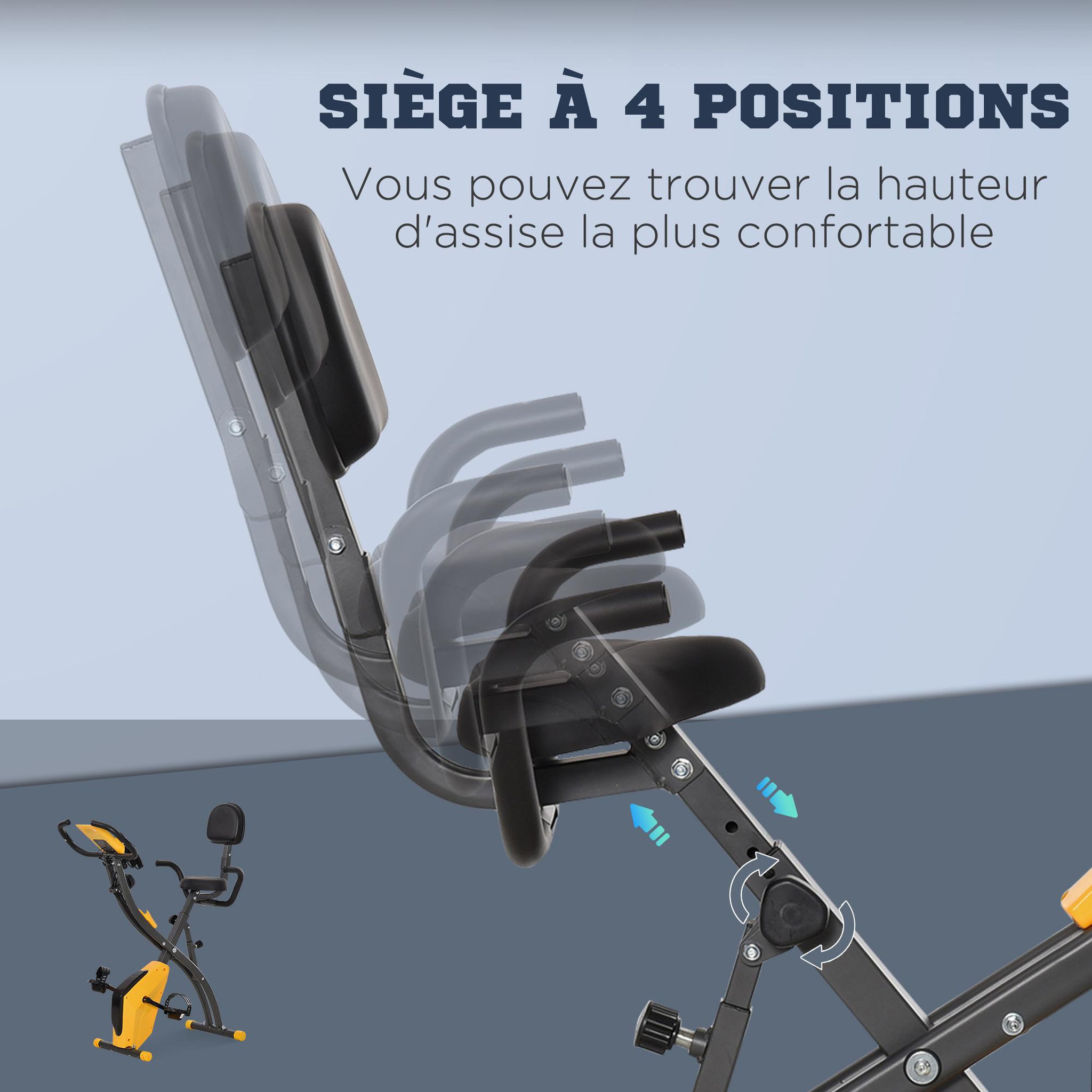 Voir la diapositive 5 : HOMCOM Vélo d'appartement pliant 8 niveaux de résistance magnétique dossier selle réglable poignées ergonomiques écran LCD multifonction suspensions support tablette acier