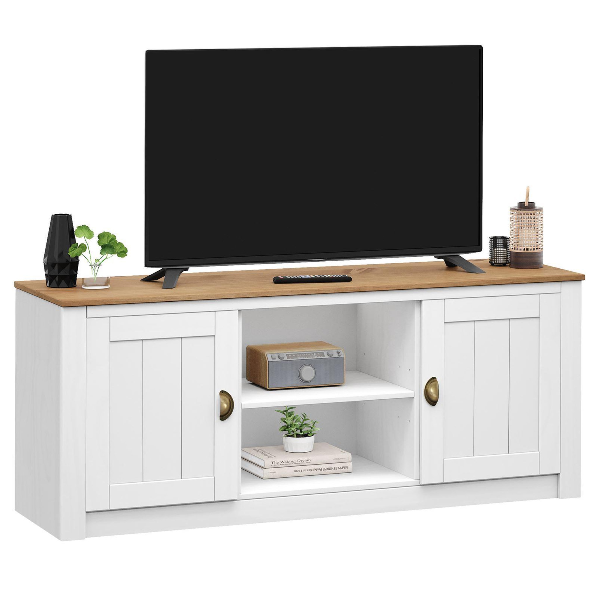 Voir la diapositive 1 : IDIMEX Meuble TV BOLTON 2 portes et 2 niches, en pin massif