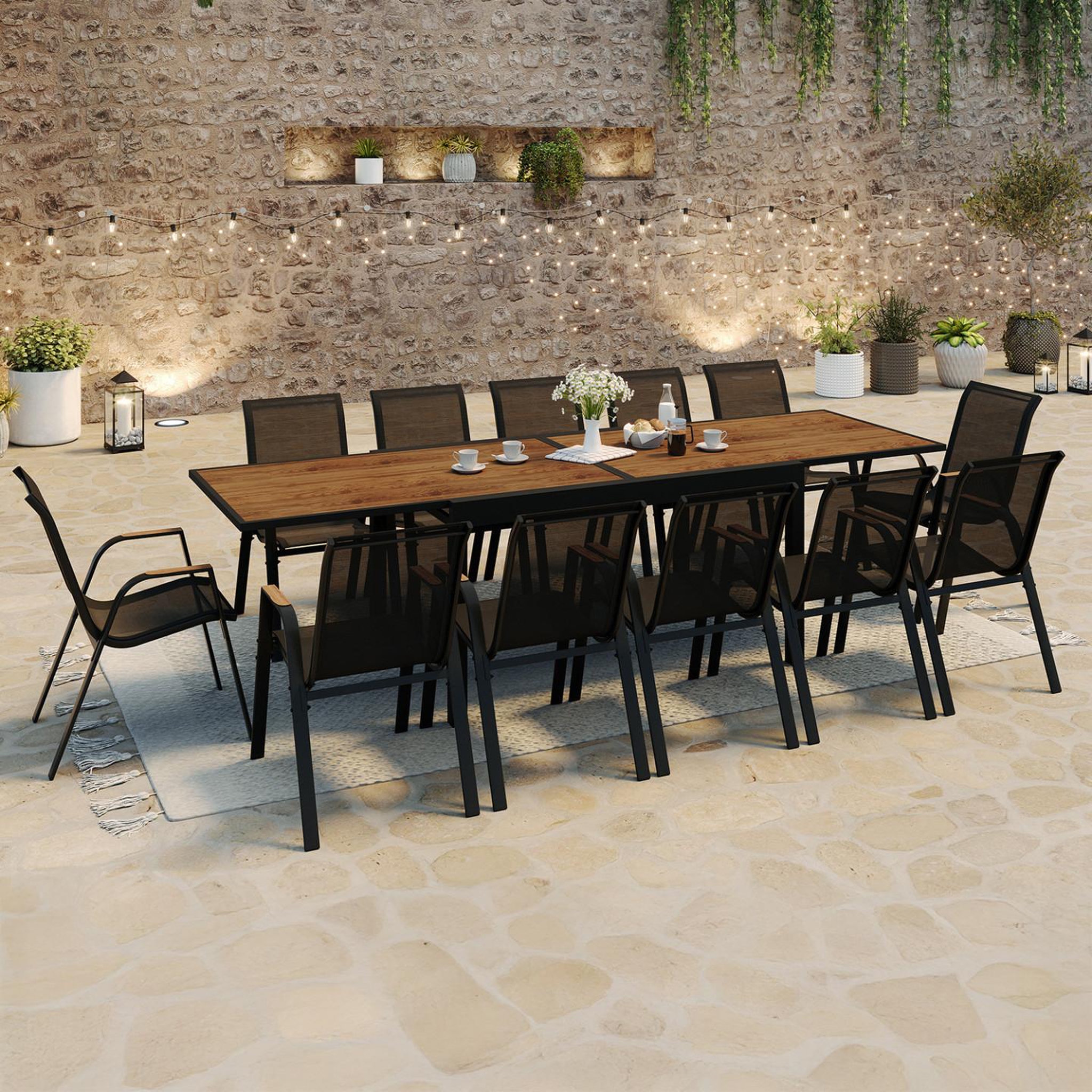 Voir la diapositive 2 : ID MARKET Salon de jardin noumea table extensible 135/270 cm plateau verre trempé effet bois et 12 chaises empilables noir et bois