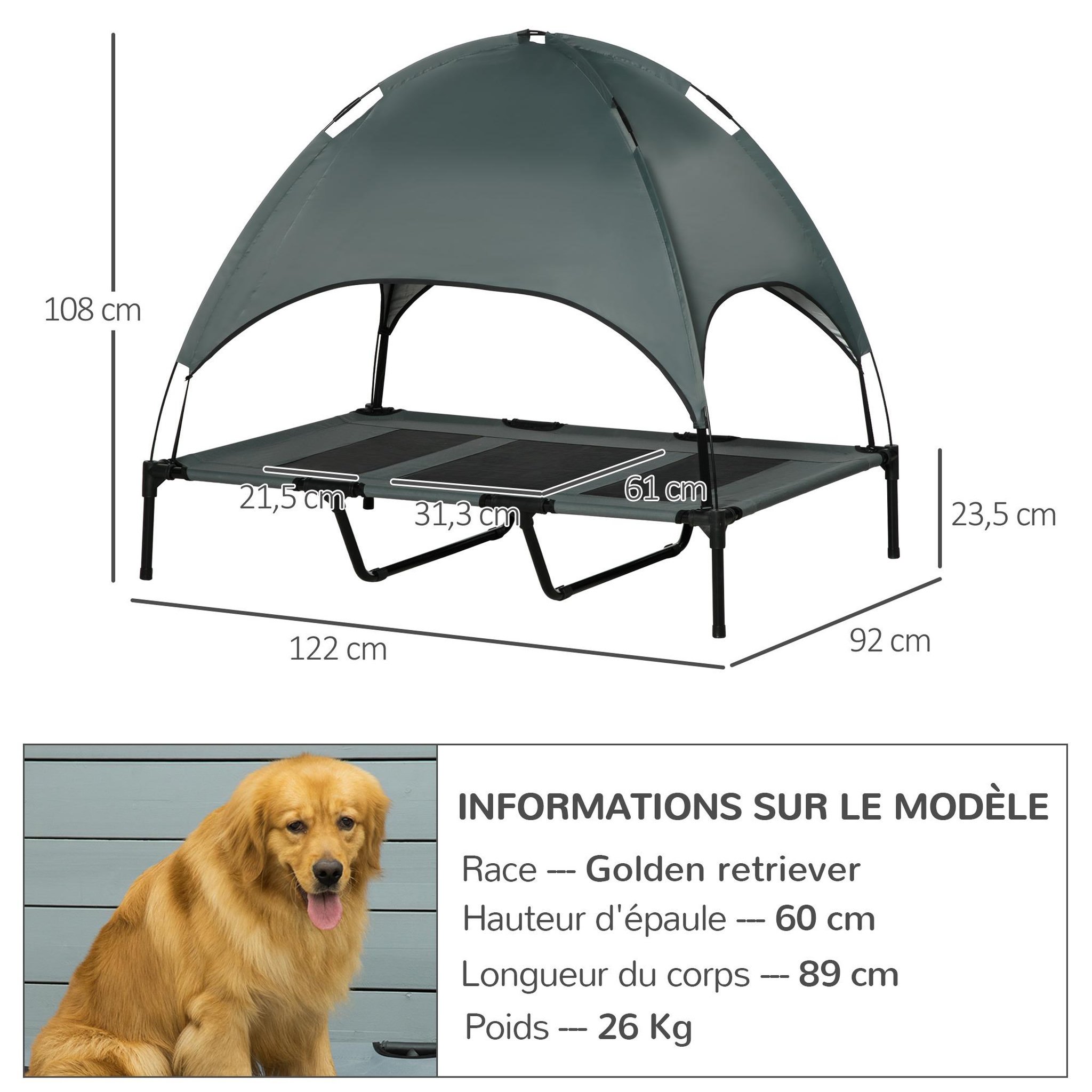 Voir la diapositive 3 : PAWHUT Lit pour chien chat sur pied velum anti-uv tissu oxford micro-perforé sac transport inclus gris