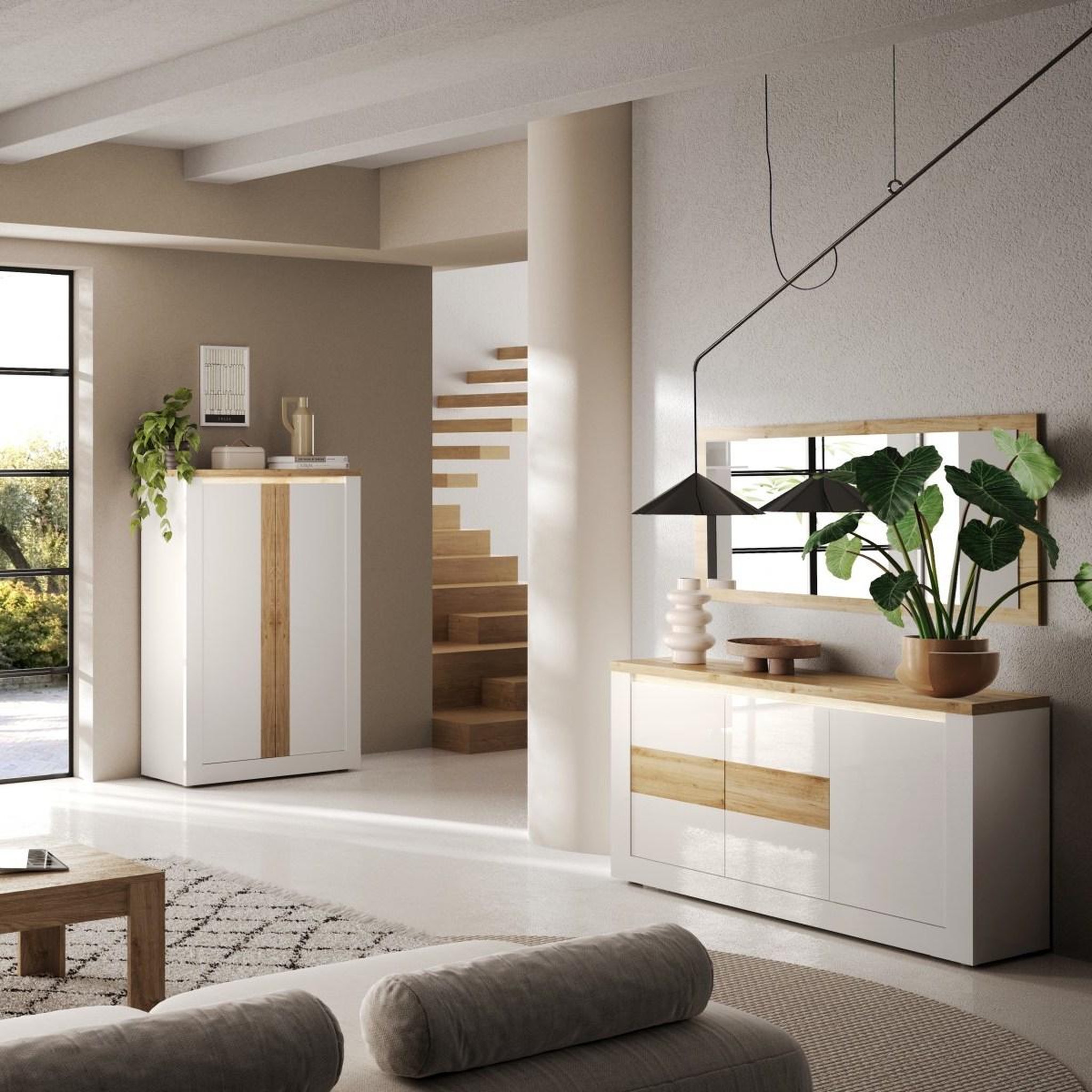 Voir la diapositive 4 : JLC KREATION Argentier-bar moderne laqué blanc et bois + led ARIA