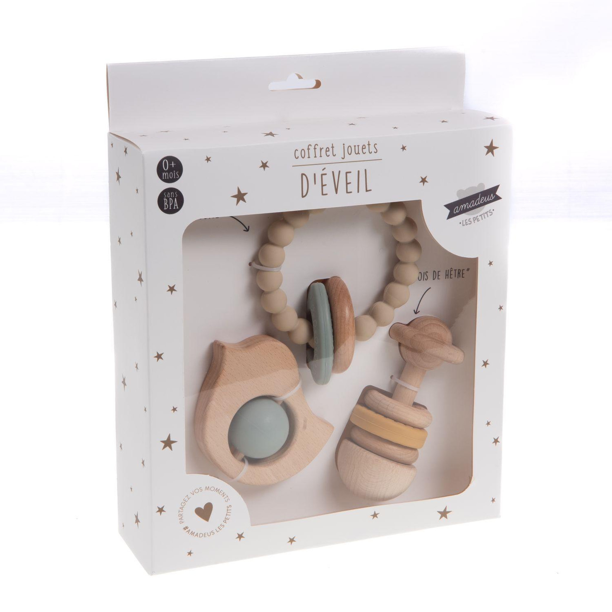 Amadeus Coffret de 3 jouets d'éveil en bois de hêtre et silicone - louison
