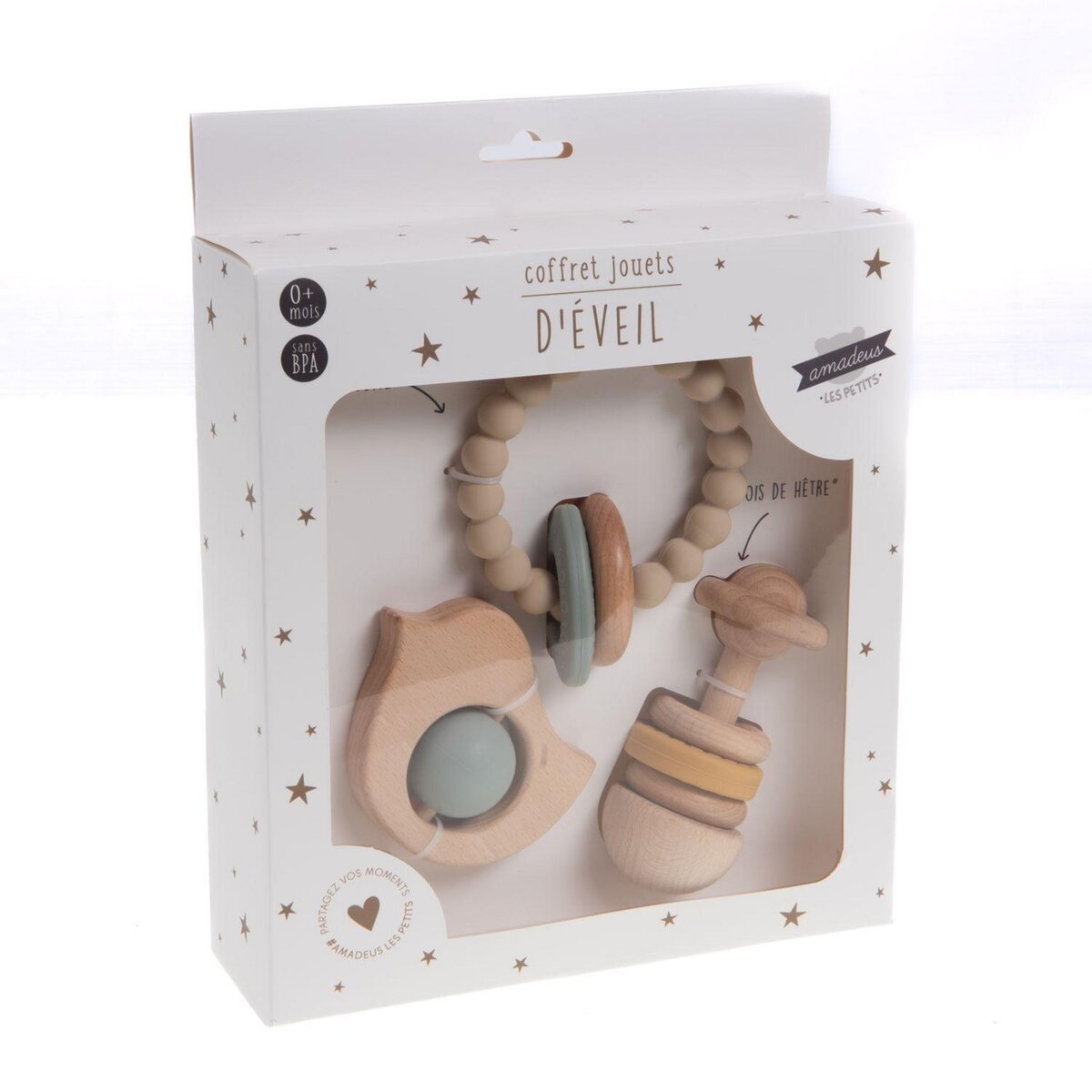 Amadeus Coffret de 3 jouets d'éveil en bois de hêtre et silicone - Louison