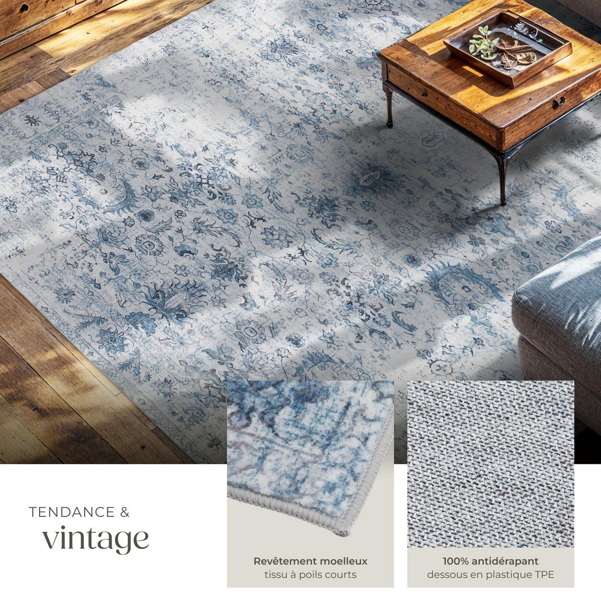 tectake Tapis vintage design à poils courts en laine synthétique et feutre bleu 240 x 340 cm