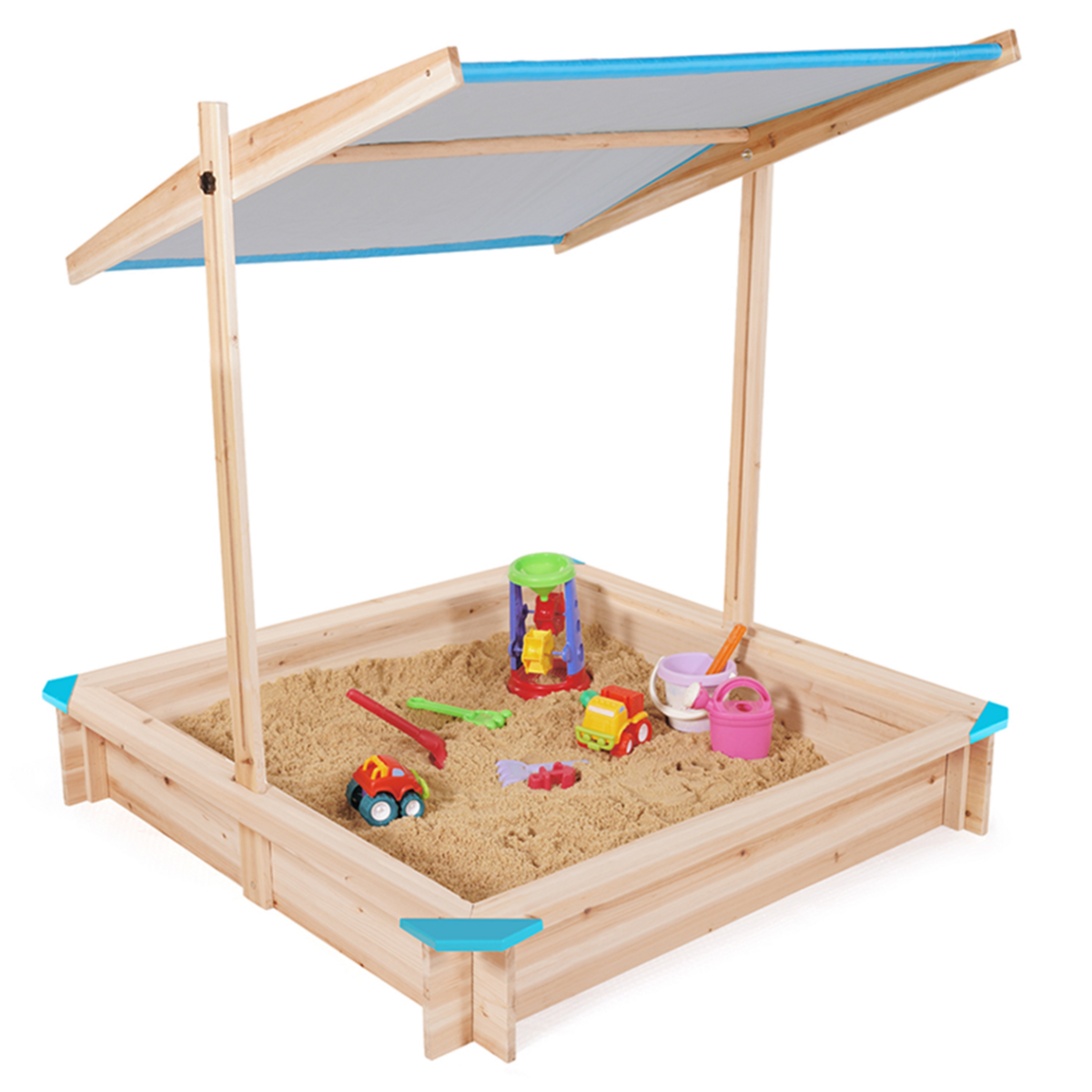 ID MARKET Bac à sable KIDS bois avec toit ouvrant bleu