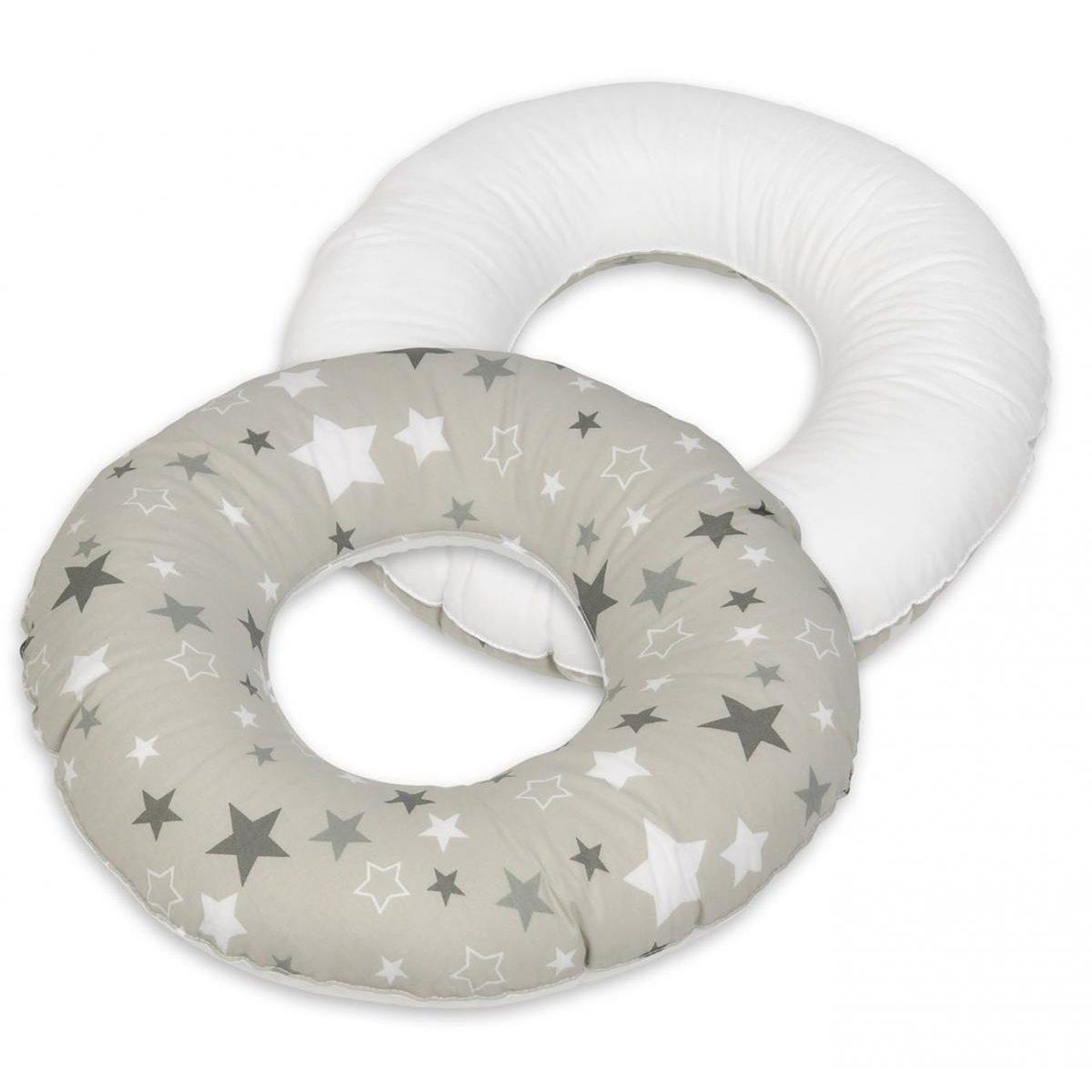 VELINDA Coussin rond post natal Etoiles girses et blanches sur fond gris – blanc