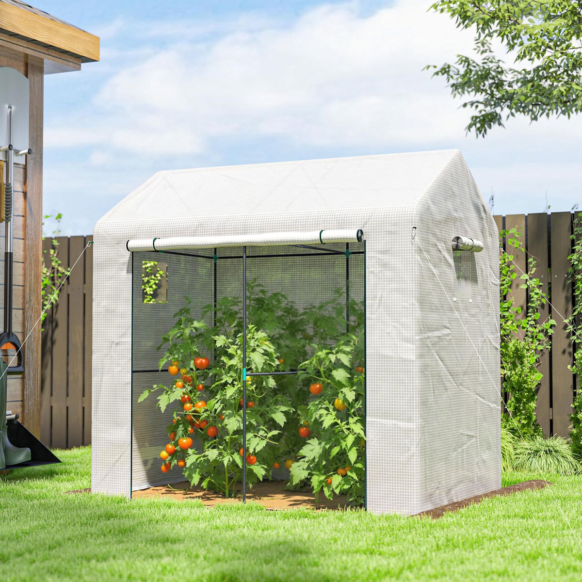 OUTSUNNY Serre de jardin 2,8 m² porte zippée 2 fenêtres acier PE blanc