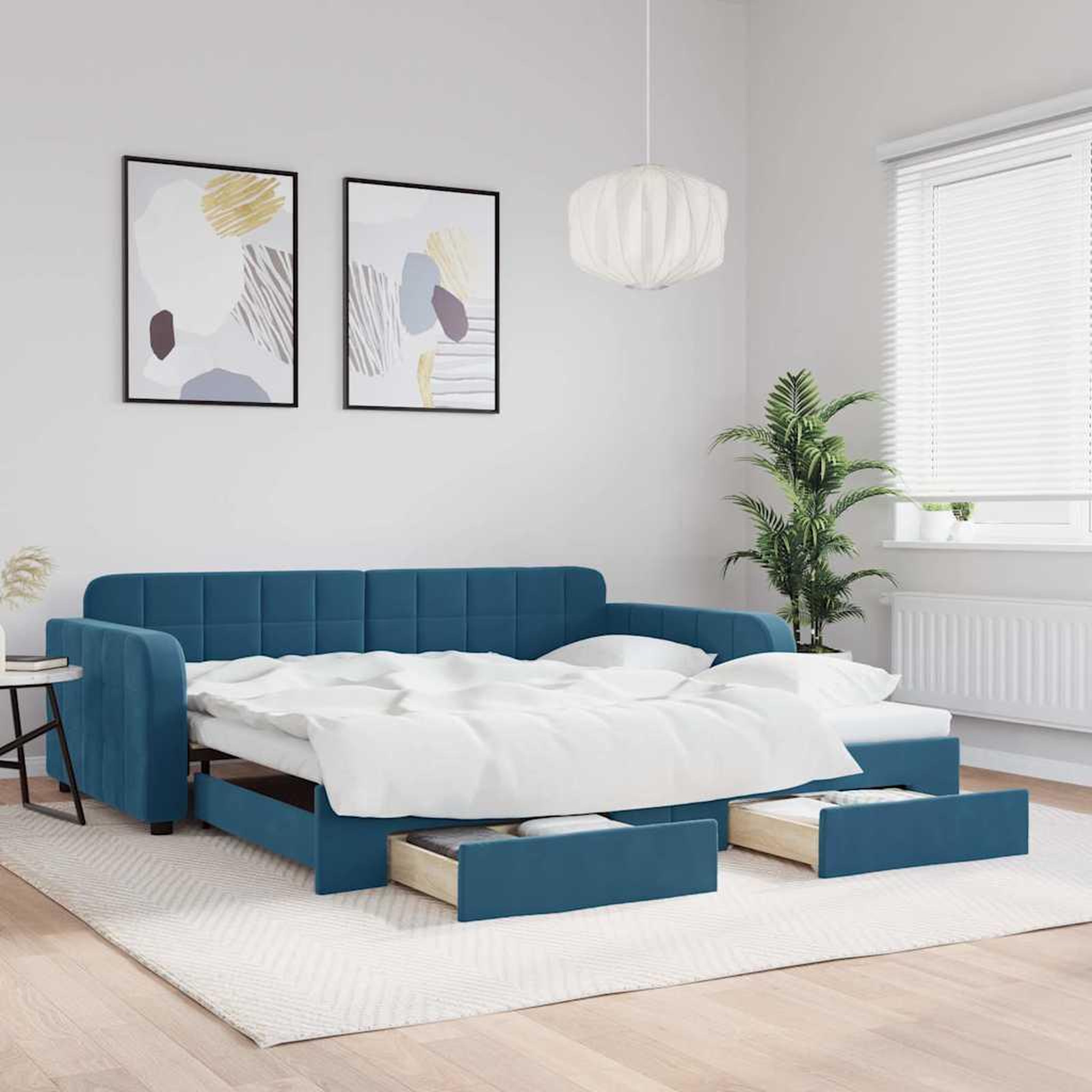 VIDAXL Lit de jour avec gigogne et tiroirs sans matelas bleu 100x200cm