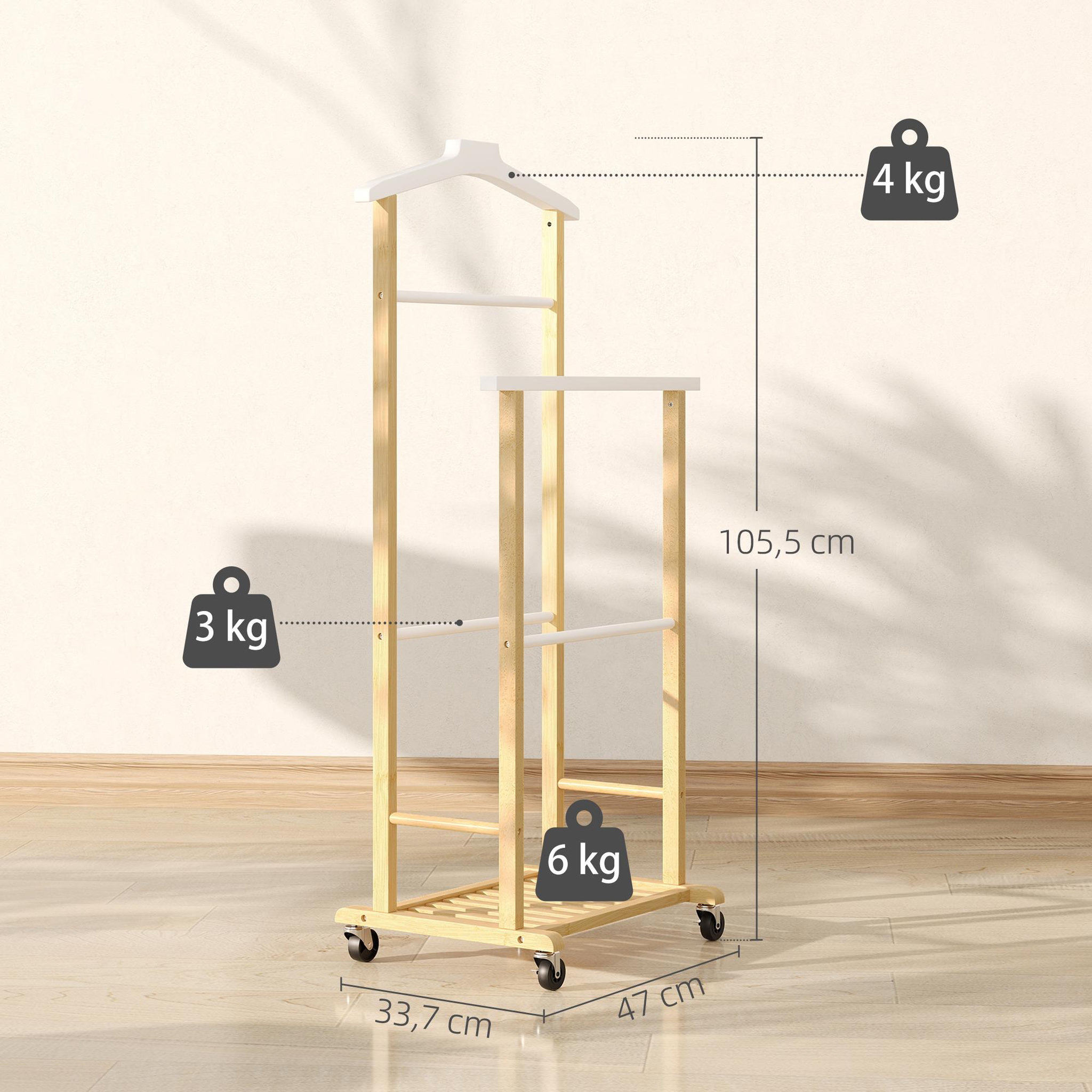 Voir la diapositive 3 : HOMCOM Valet de chambre mobile bois bambou avec portant et étagère