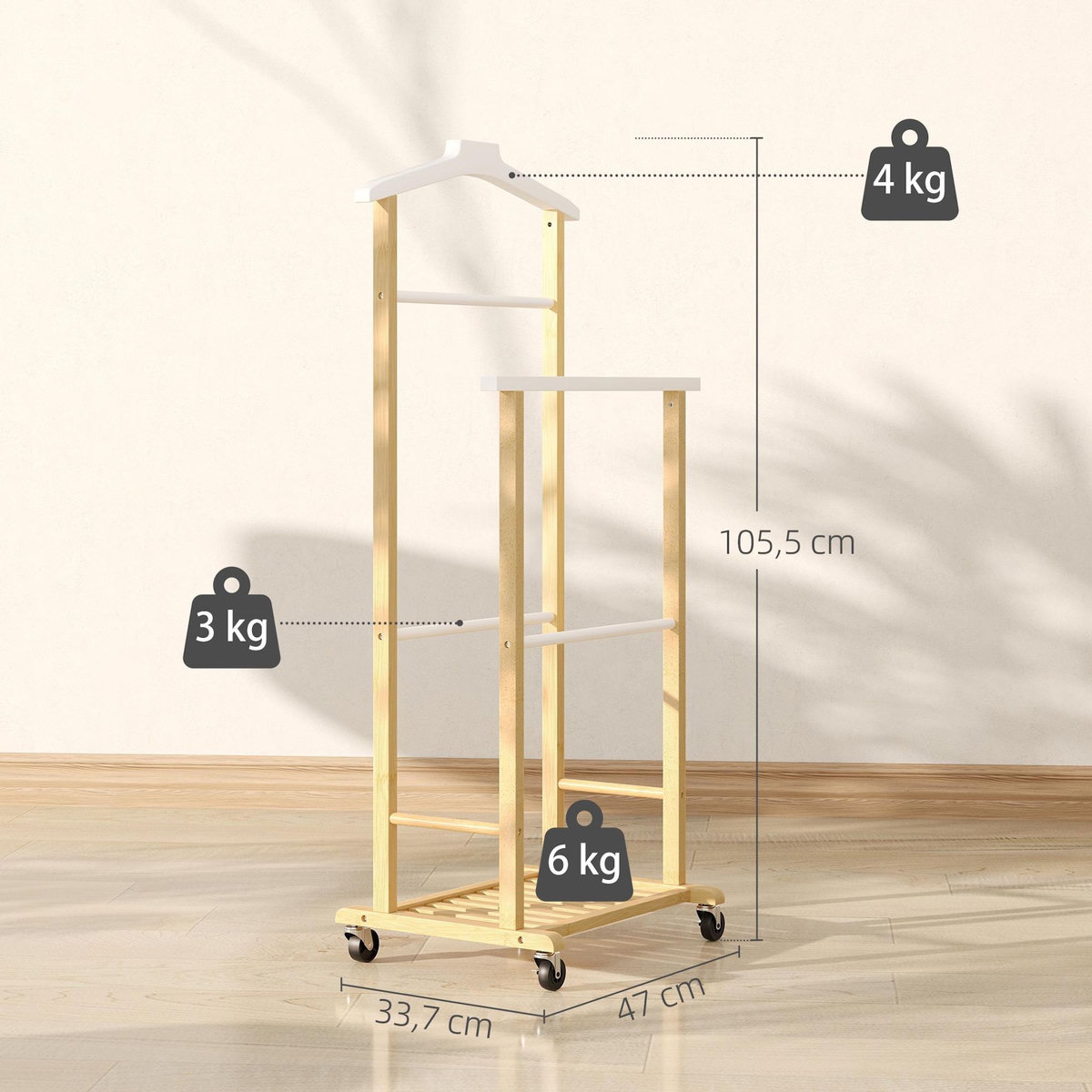 HOMCOM Valet de chambre mobile bois bambou avec portant et étagère