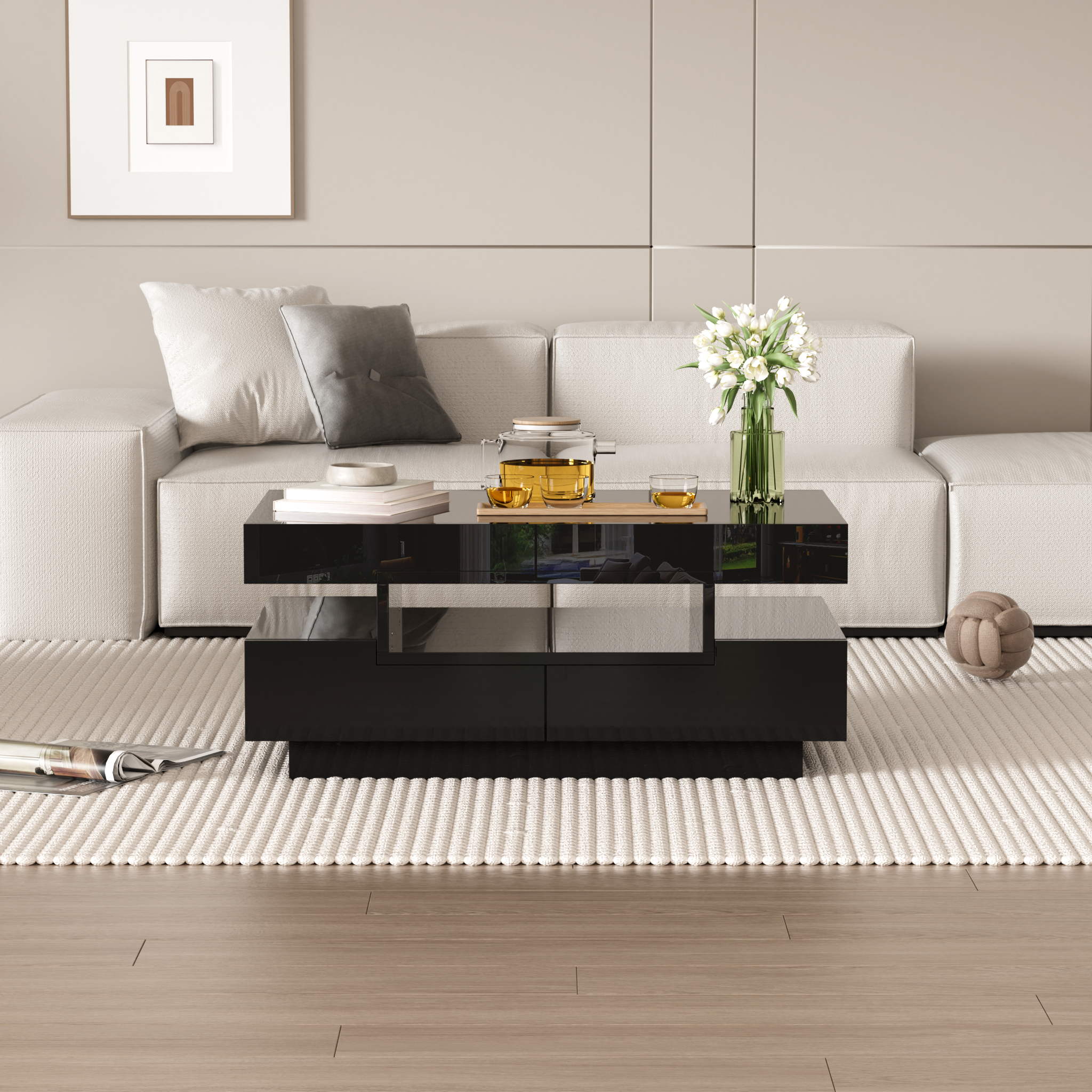 Voir la diapositive 3 : MERAX Table Basse Brillante Avec Bande Lumineuse LED Et 4 Tiroirs