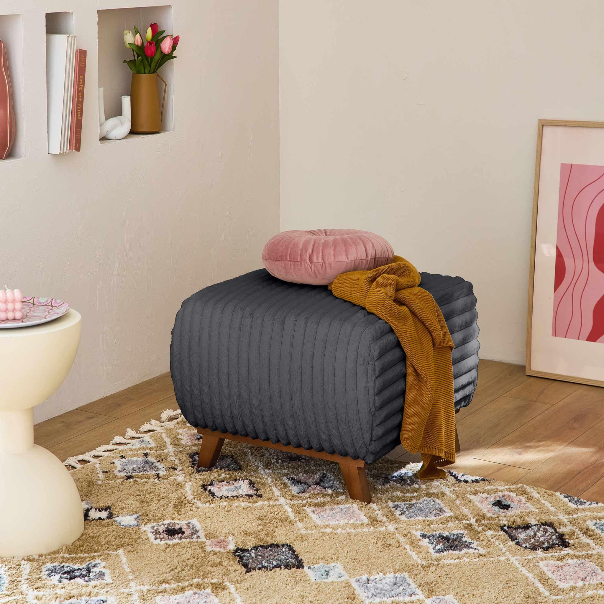 Voir la diapositive 5 : BEST MOBILIER Cristal - canapé 3 places - convertible avec coffre et pouf - en fausse fourrure côtelée