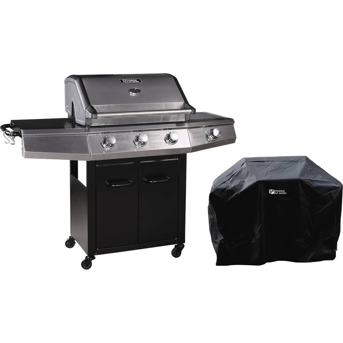 Habitat et Jardin Barbecue Gaz avec LED  Bingo 4  - 4 brûleurs dont 1 latéral - 14kW + Housse protection - Noir