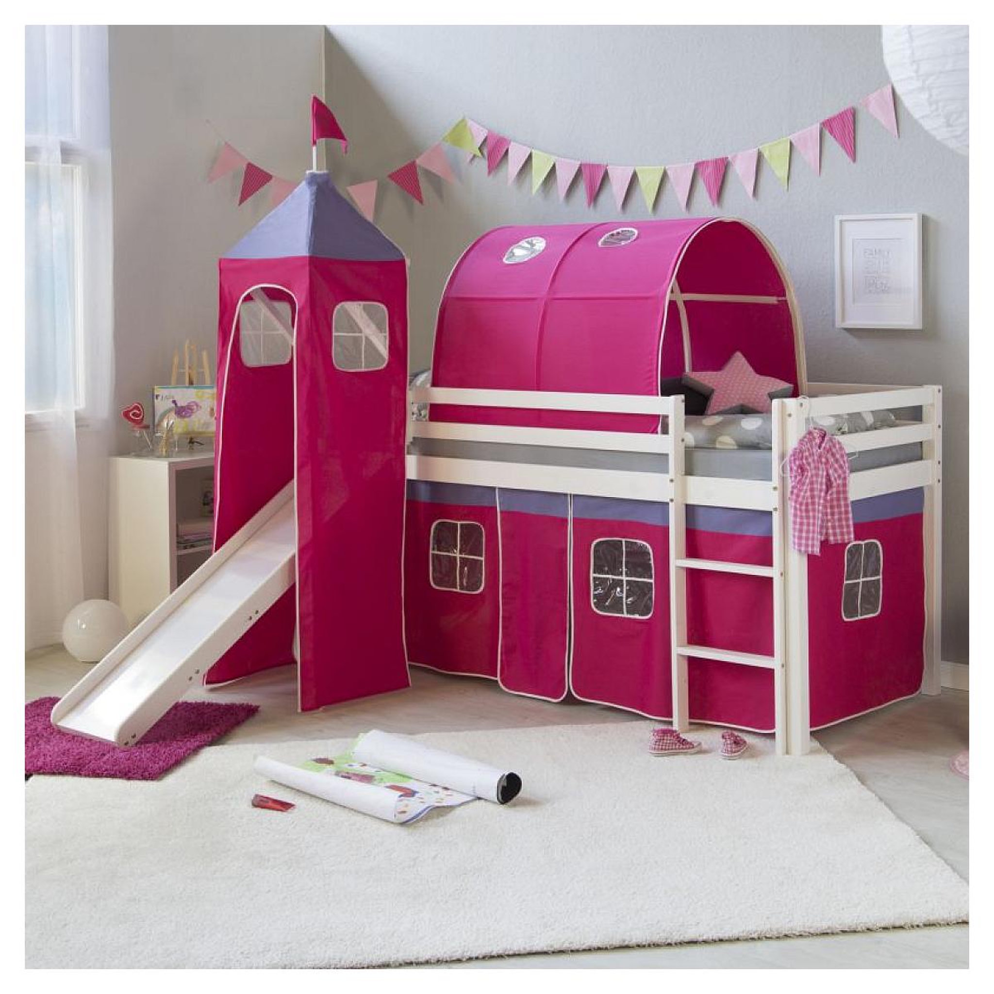 Voir la diapositive 2 : HomeStyle4U Lit rose mi-haut 90x200 cm avec tour toboggan matelas