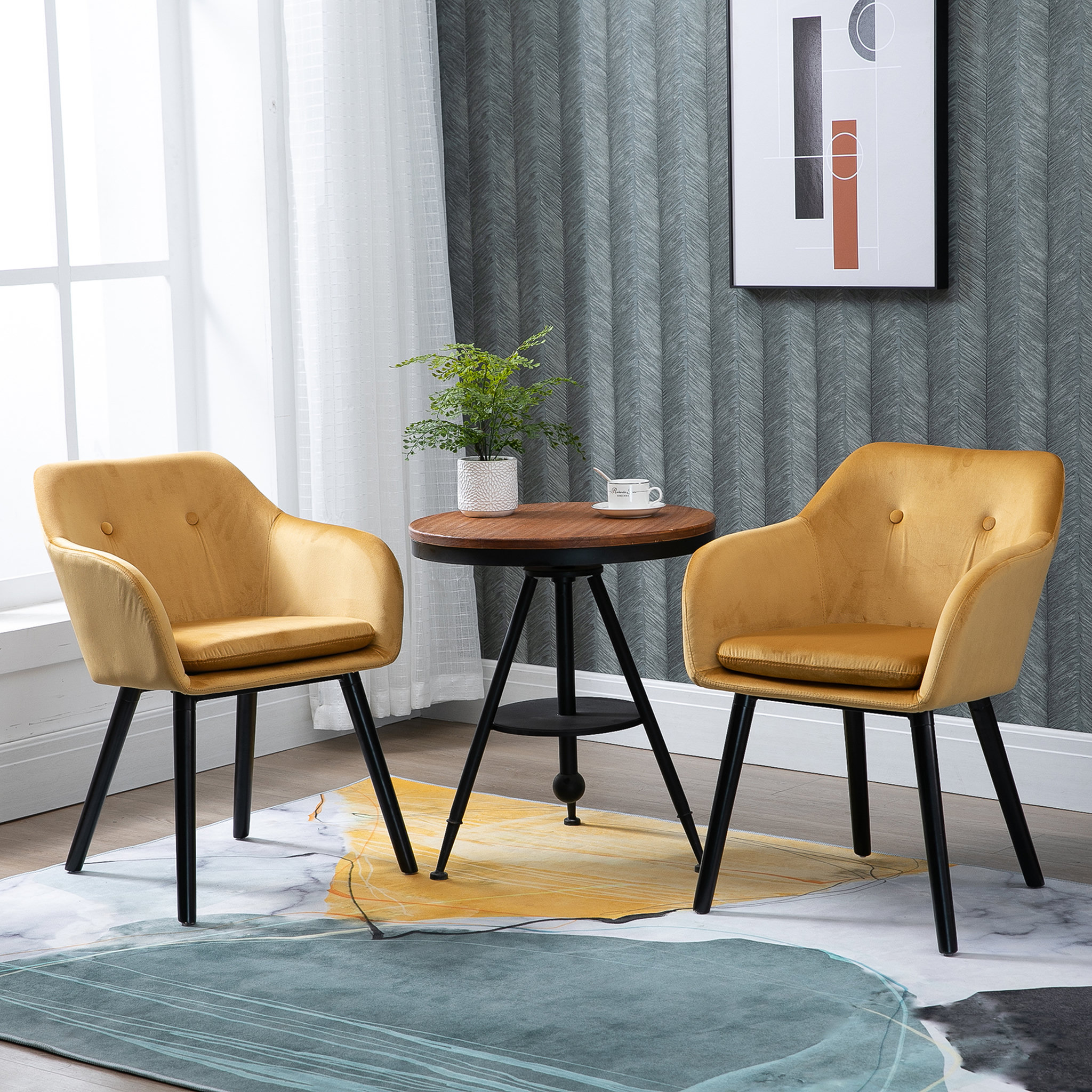 Voir la diapositive 2 : HOMCOM Chaises de visiteur design scandinave - lot de 2 chaises - pieds effilés bois noir - assise dossier accoudoirs ergonomiques velours moutarde