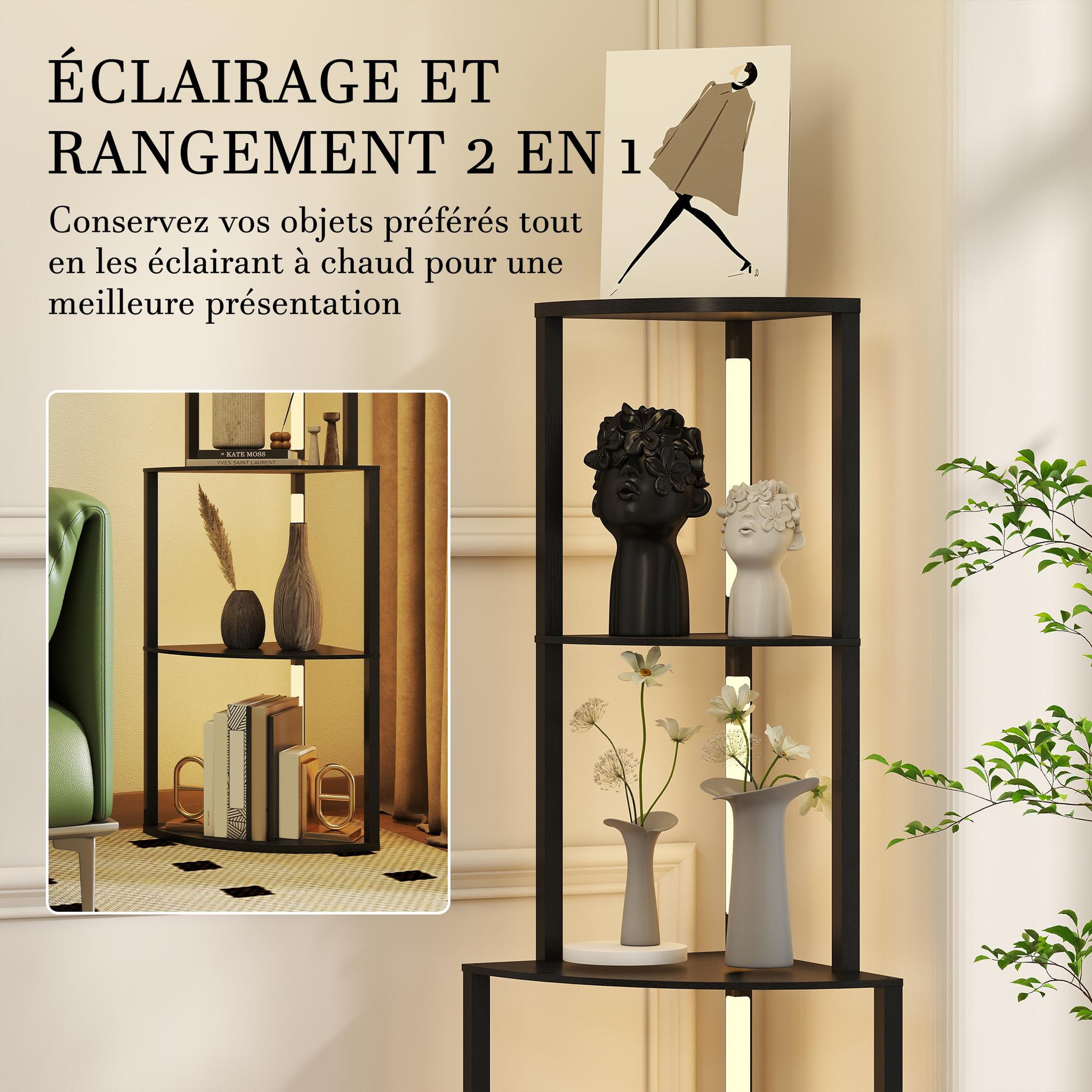 Voir la diapositive 4 : HOMCOM Lampadaire étagère led d'angle réglable - lampe étagère 4 niveaux design h.163cm - mdf noir