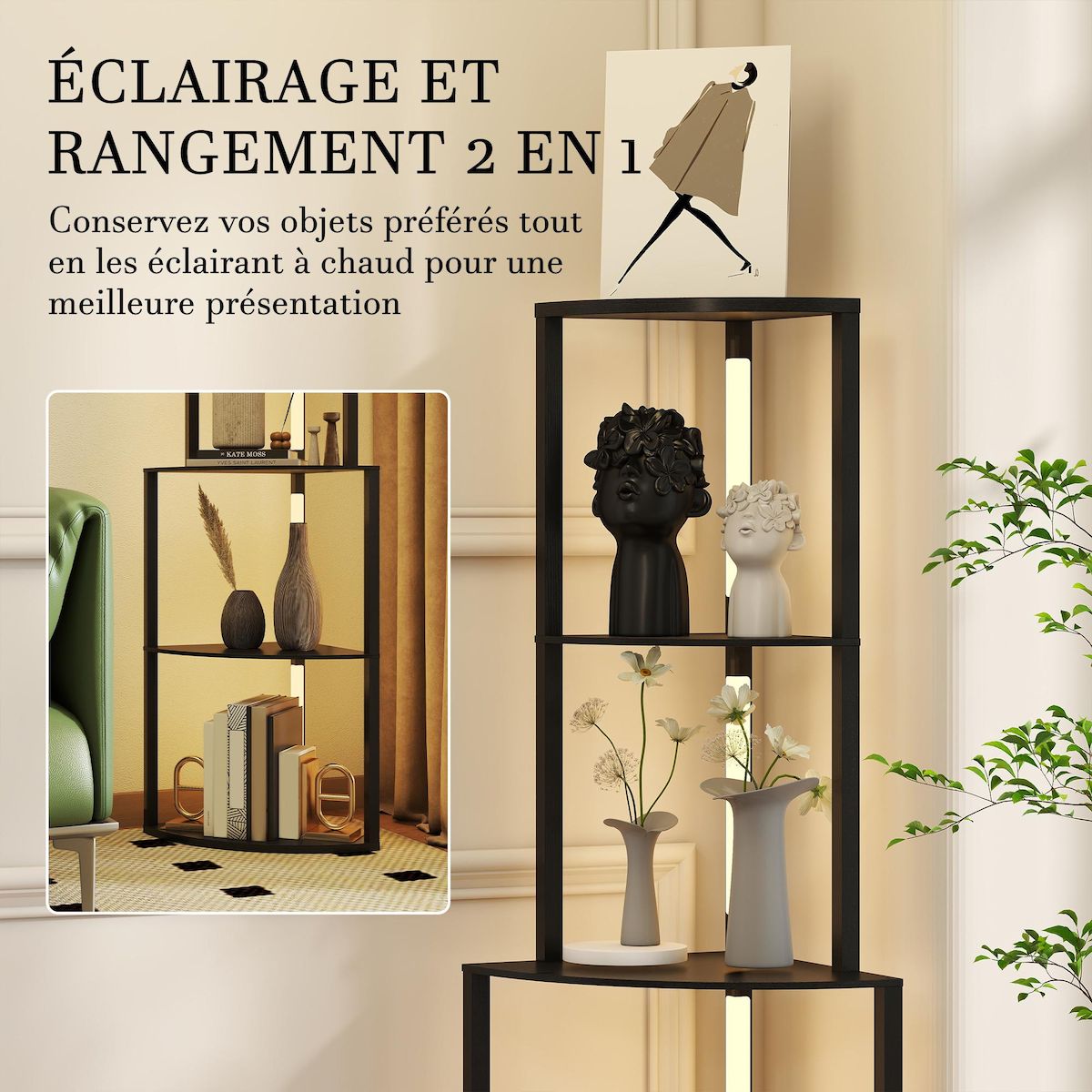 HOMCOM Lampadaire étagère LED d'angle réglable - lampe étagère 4 niveaux design H.163cm - MDF noir