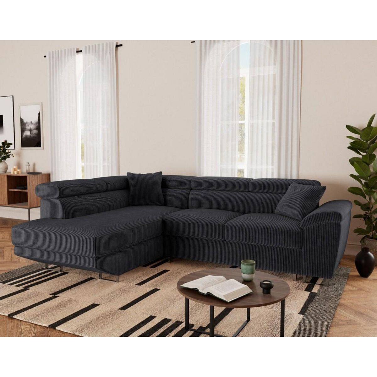 BEST MOBILIER Baoji - canapé d'angle gauche 5 places convertible avec têtières et coffre en velours côtelé