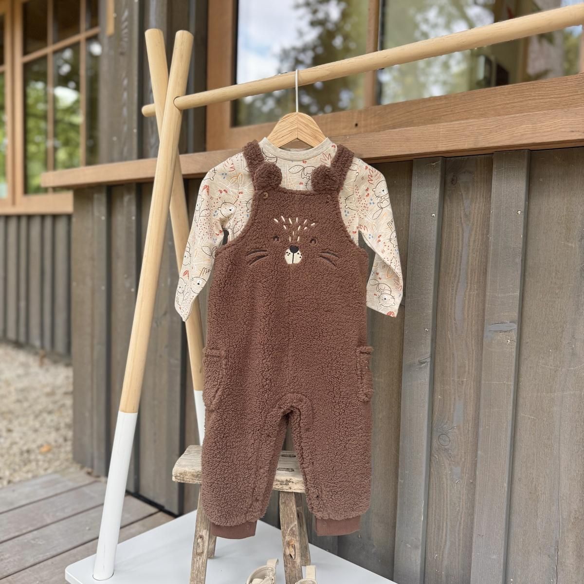 Petit Béguin Ensemble salopette bébé en sherpa et t-shirt Cracotte