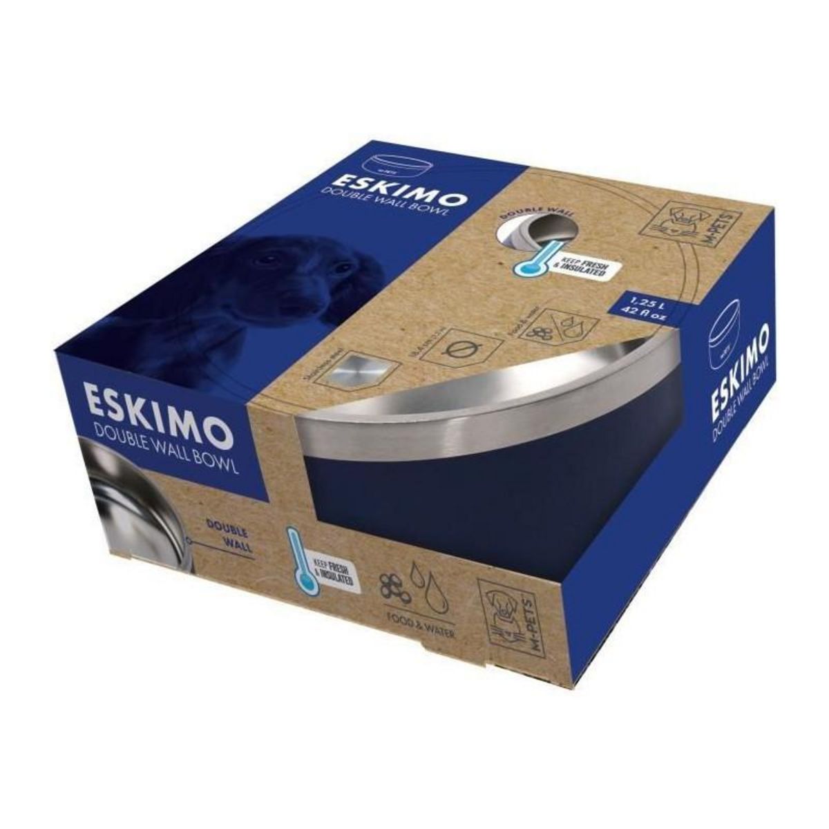 M PETS Gamelle - M PETS - ESKIMO - Double paroi 1.25 L - Noir - Acier inoxydable, antidérapant, inodore, antirouille, lavable
