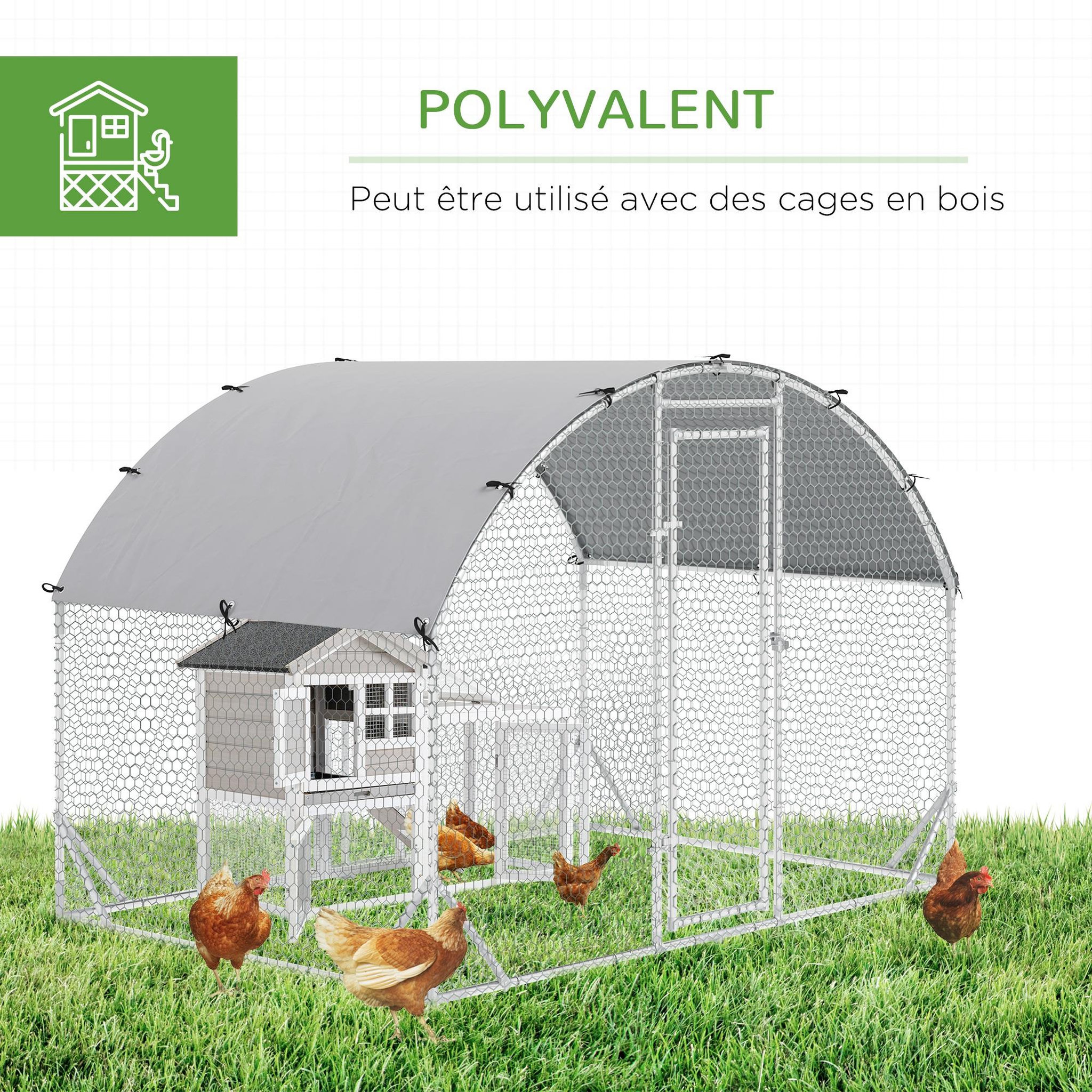 Voir la diapositive 5 : PAWHUT Enclos poulailler chenil couvert 5,32 m² - parc grillagé dim. 2,8L x 1,9l x 1,97H m - acier galvanisé