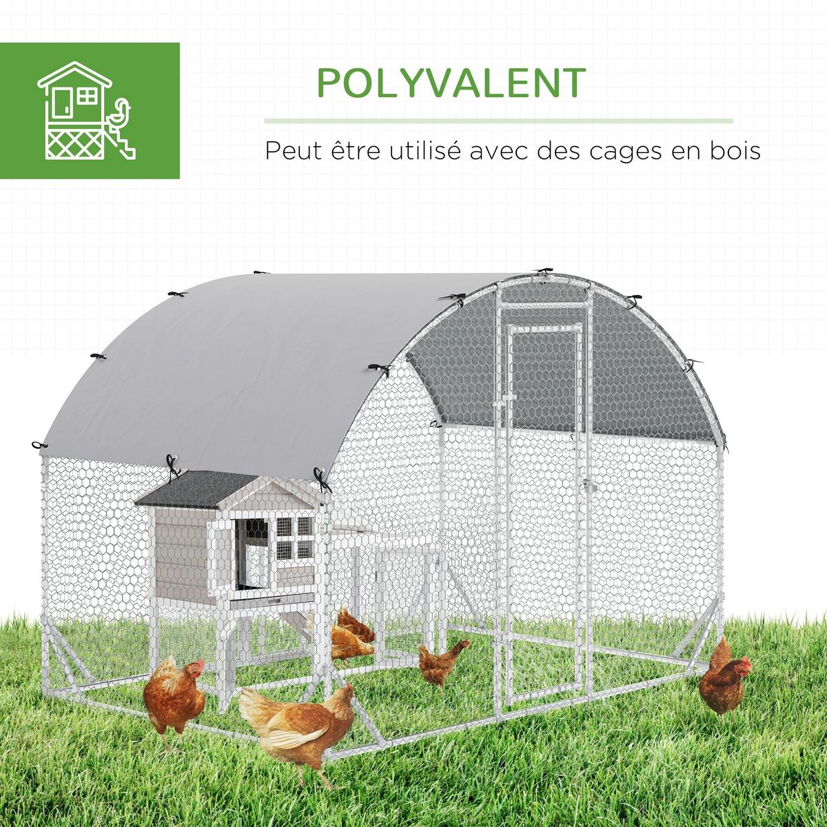 PAWHUT Enclos poulailler chenil couvert 5,32 m² - parc grillagé dim. 2,8L x 1,9l x 1,97H m - acier galvanisé