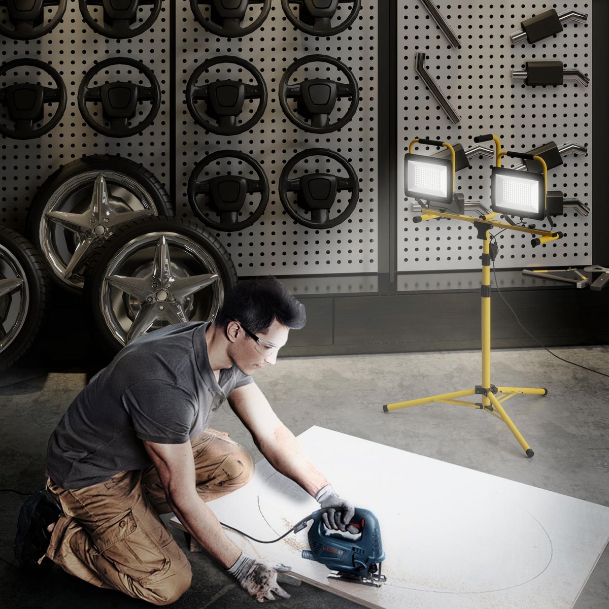 HOMCOM Projecteur de chantier sur trépied réglable orientable - 2 x 100W - 17000LM - étanche IP65 - métal jaune