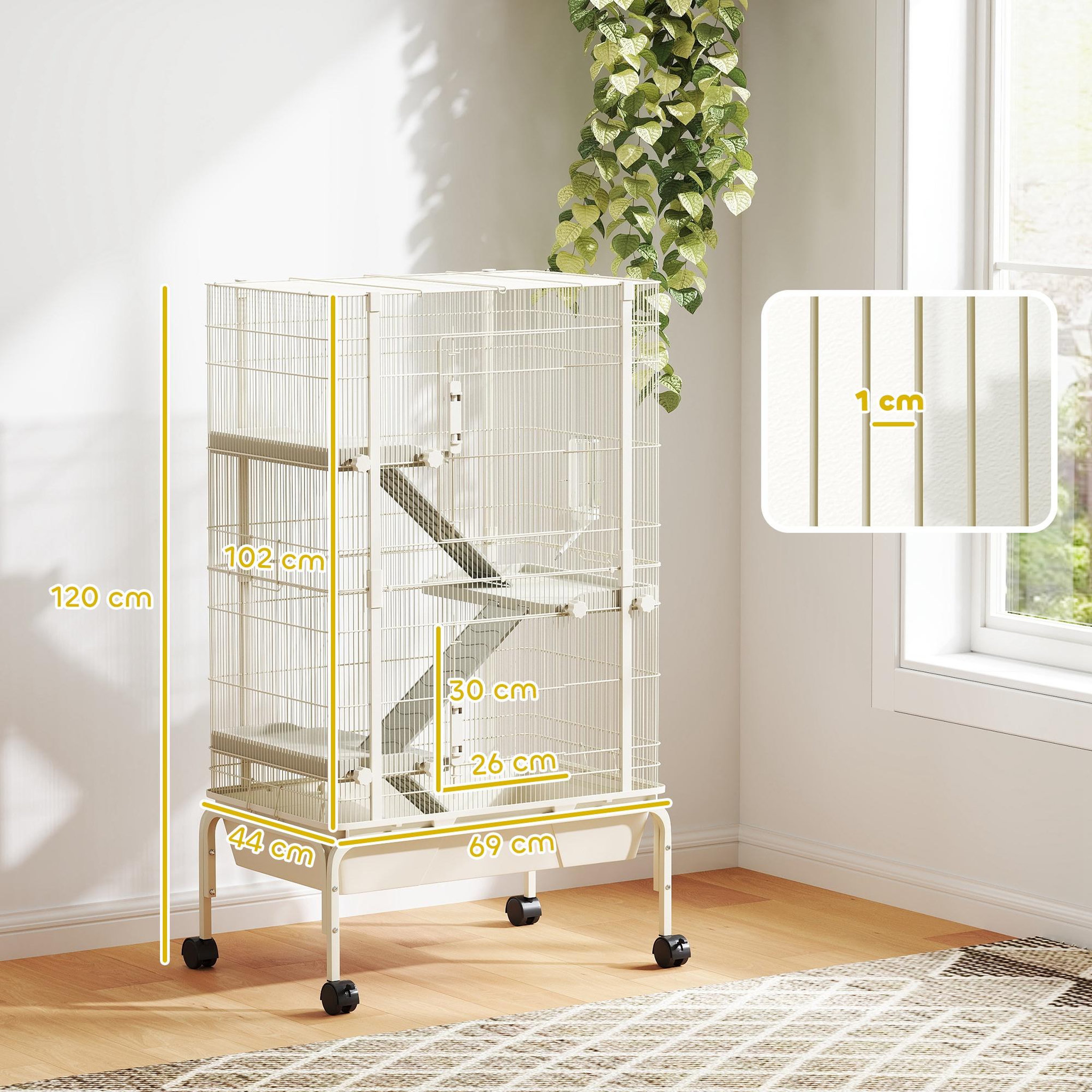 Voir la diapositive 3 : PAWHUT Cage mobile hamster rongeur furet 4 niveaux - 2 portes 3 rampes bac profond roulettes gamelle biberon - 69 x 44 x 120 cm - beige