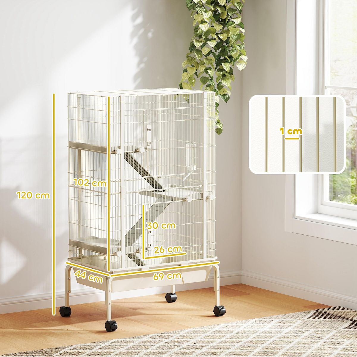 PAWHUT Cage mobile hamster rongeur furet 4 niveaux - 2 portes 3 rampes bac profond roulettes gamelle biberon - 69 x 44 x 120 cm - beige