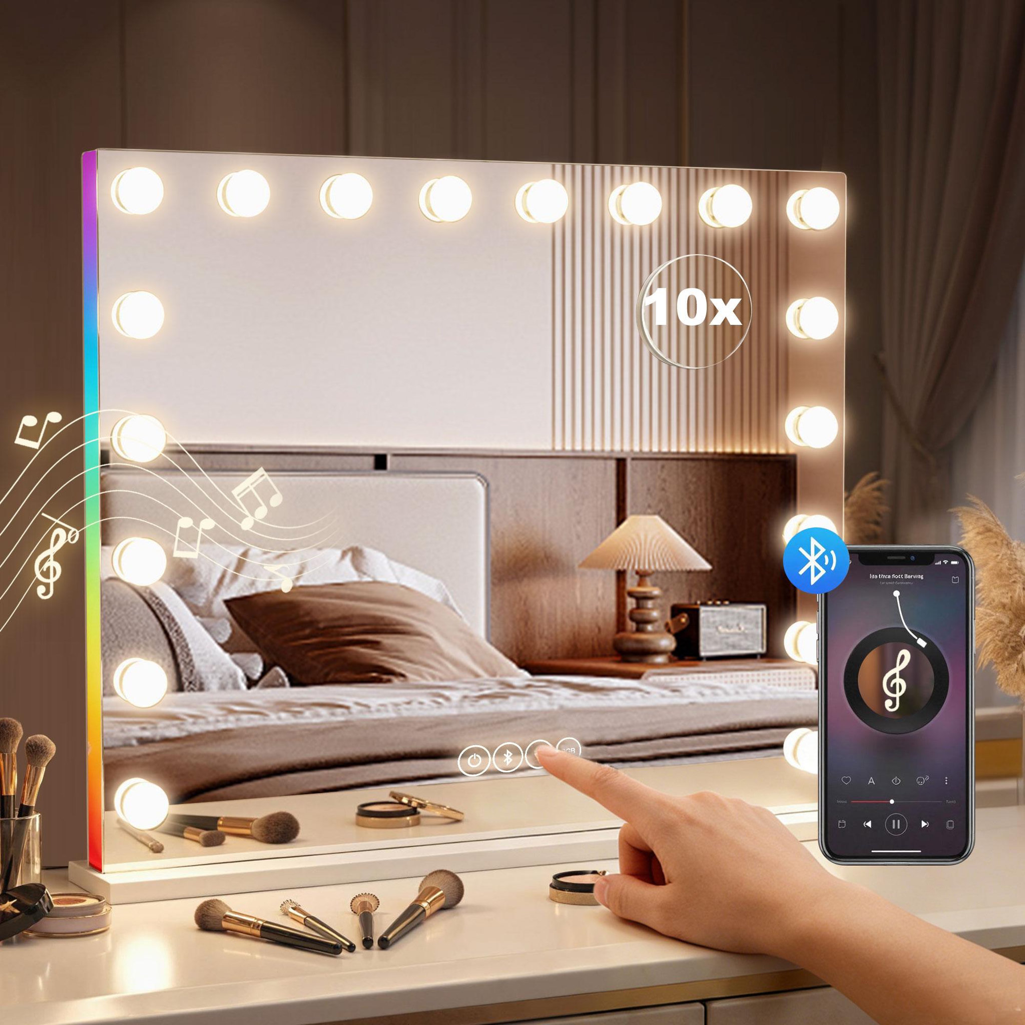 Voir la diapositive 2 : HOMCOM Miroir maquillage hollywood lumineux led tactile réglable 18 ampoules hp bluetooth