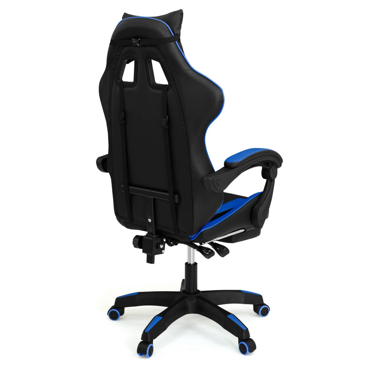 ID MARKET Fauteuil de gaming ALEX réglable avec repose-pied, coussin de tête et coussin lombaire noir et bleu