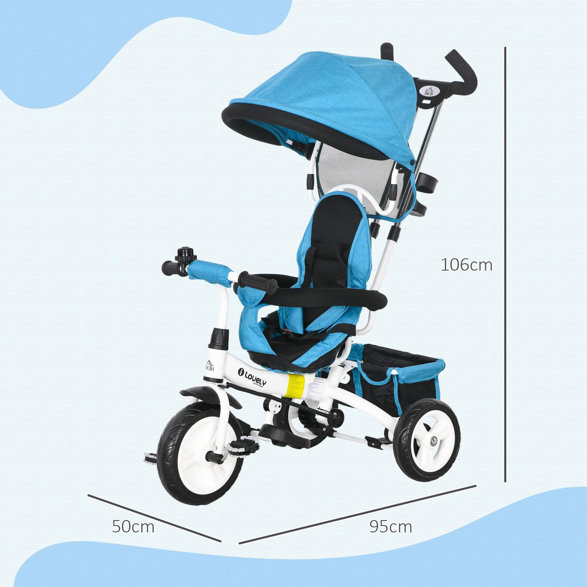 Voir la diapositive 3 : HOMCOM Tricycle enfant évolutif pare-soleil pliable canne télescopique amovible acier bleu