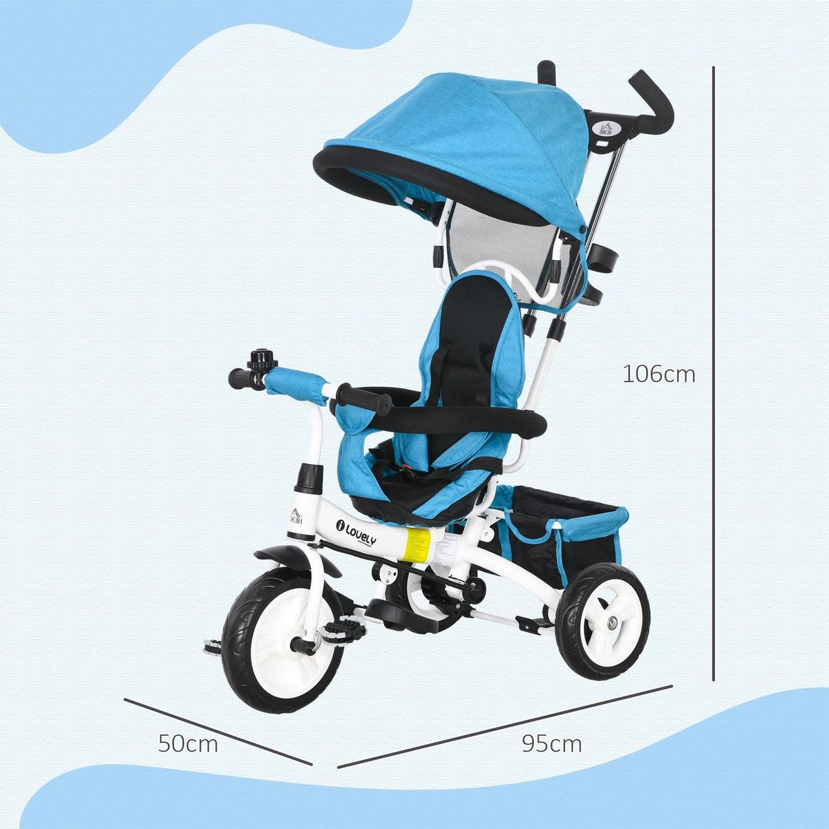 HOMCOM Tricycle enfant évolutif pare-soleil pliable canne télescopique amovible acier bleu