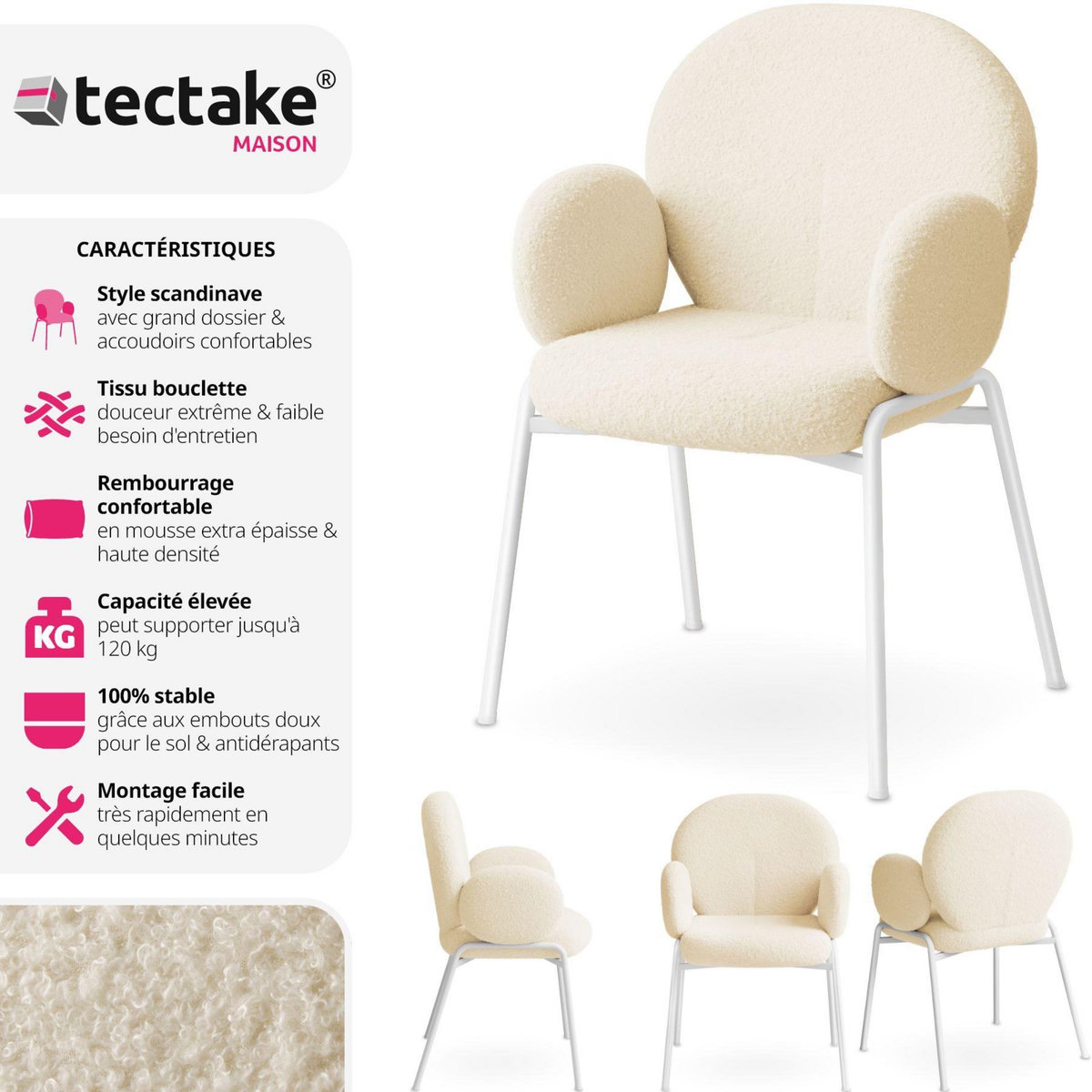 tectake Chaise rembourrée avec revêtement en tissu bouclette crème Lot de 4