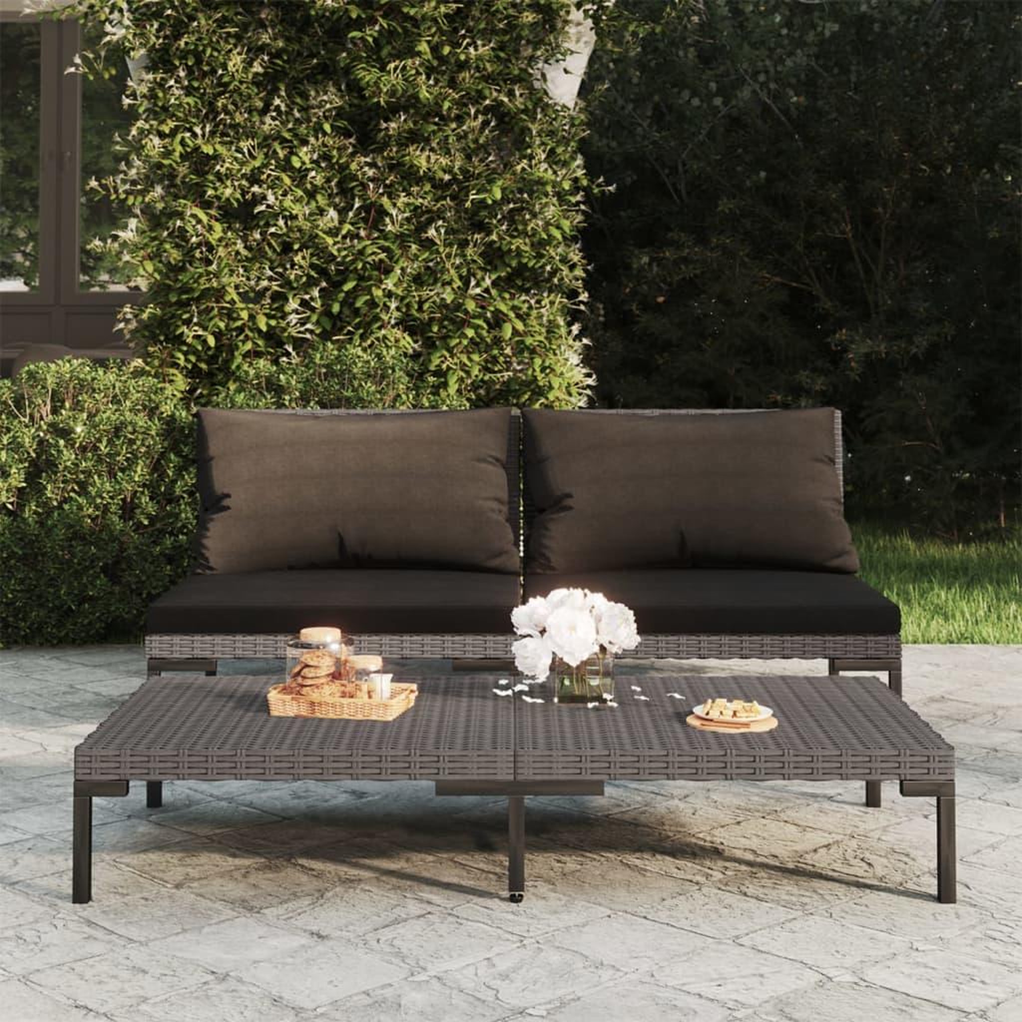 VIDAXL Canapes de jardin 2 pcs avec coussins Resine tressee demi-ronde