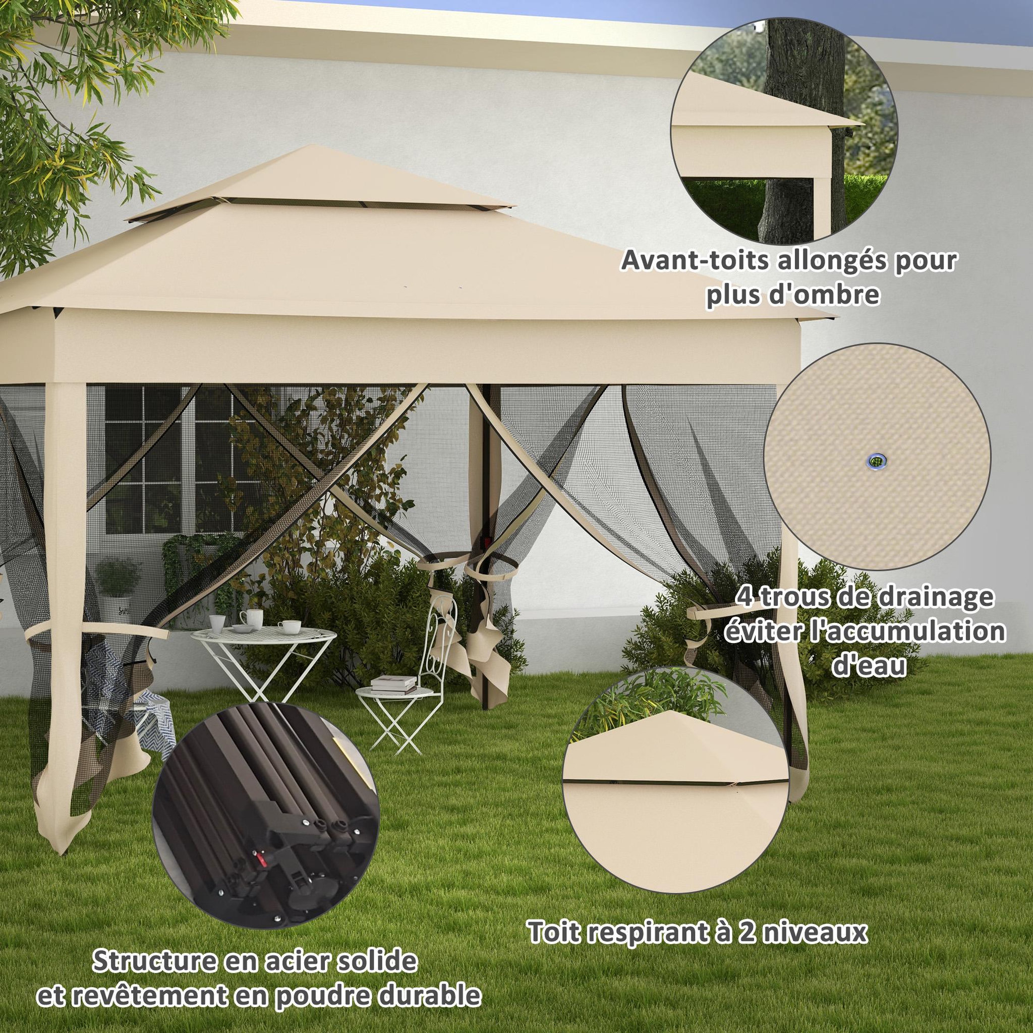 Voir la diapositive 5 : OUTSUNNY Tonnelle barnum automatique pop-up 3 x 3 m métal polyester imperméabilisé anti UV moustiquaires sac transport beige