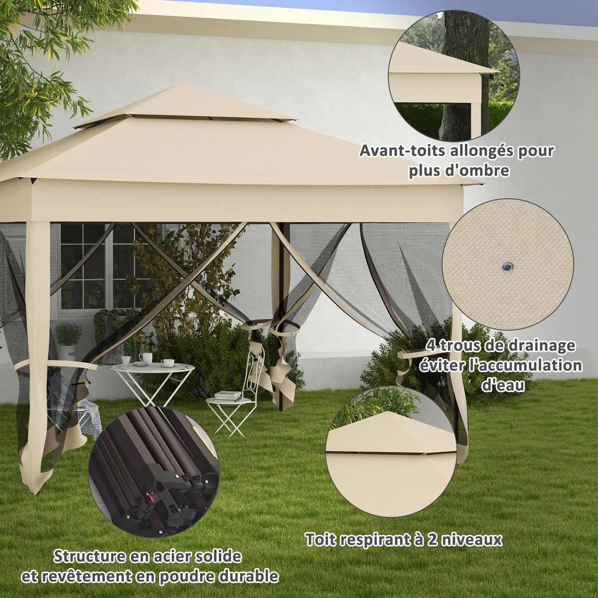 OUTSUNNY Tonnelle barnum automatique pop-up 3 x 3 m métal polyester imperméabilisé anti UV moustiquaires sac transport beige