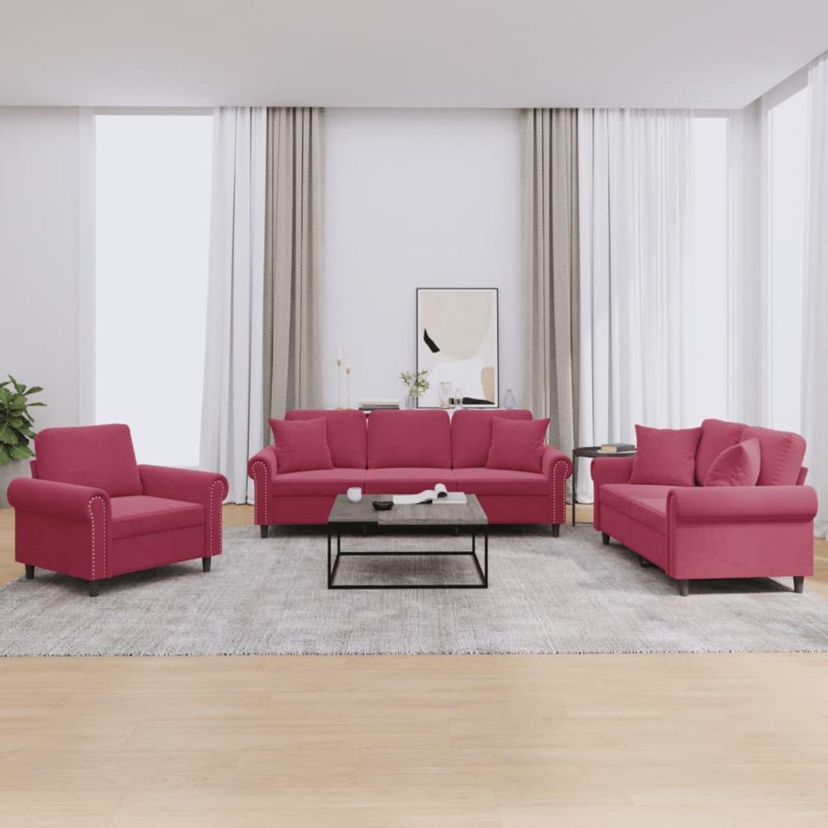 VIDAXL Ensemble de canapes 3 pcs avec coussins rouge bordeaux velours