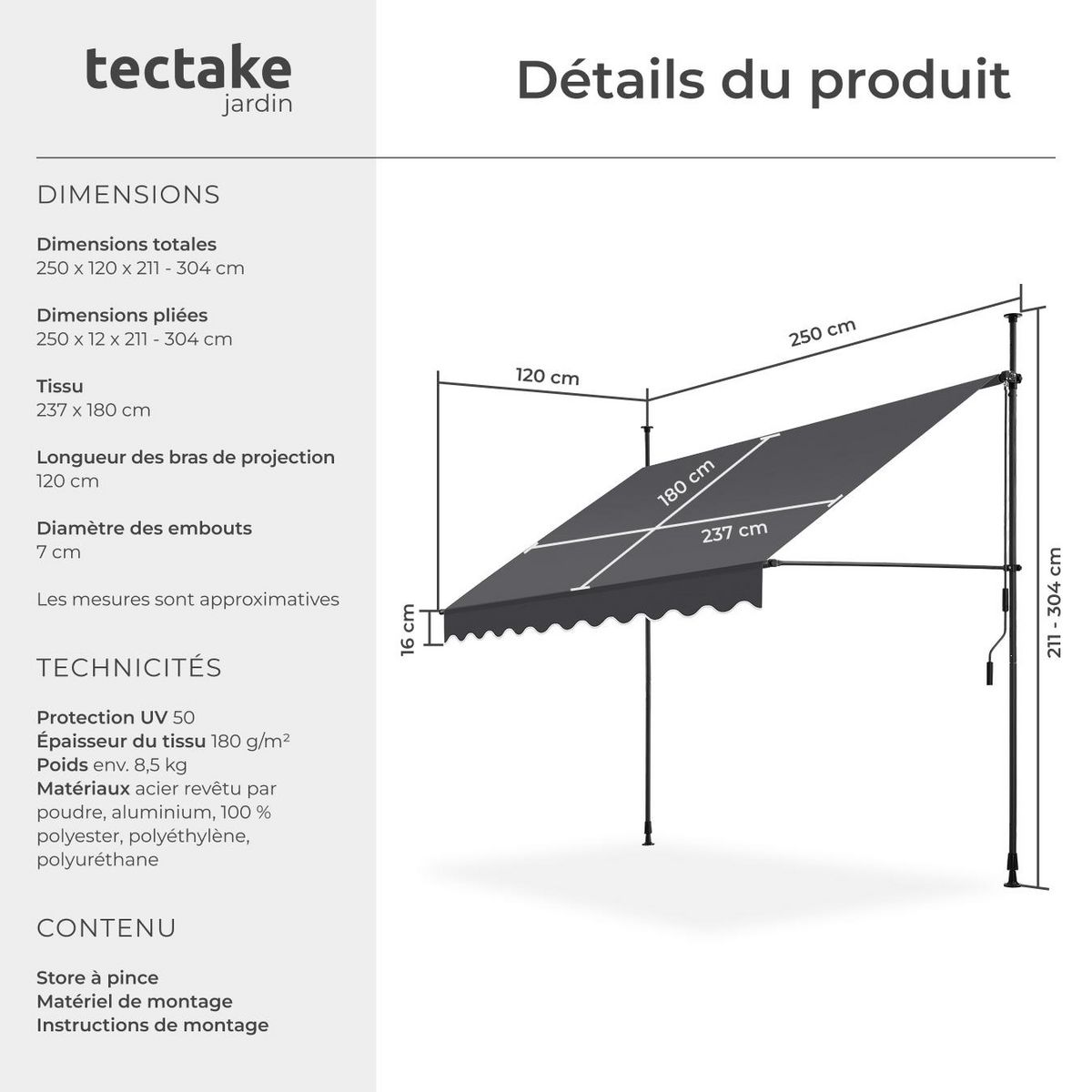 tectake Store à pince sans perçage avec manivelle noir/gris 250 x 180 cm