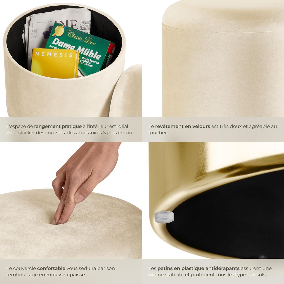 tectake Tabouret avec espace de rangement rond crème