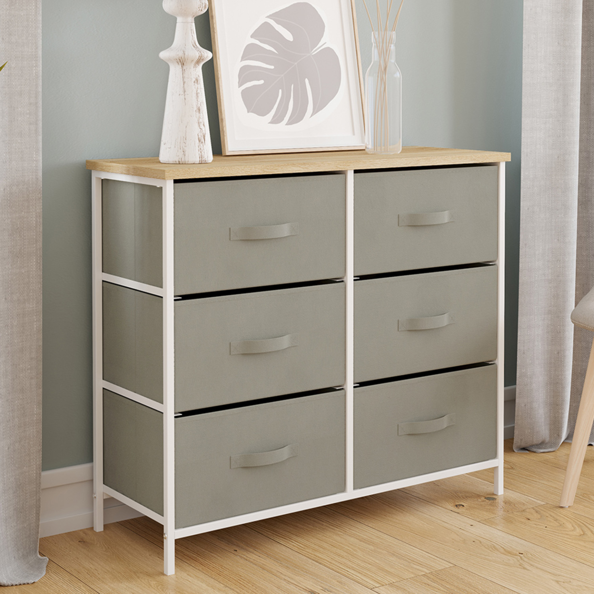 Voir la diapositive 2 : ID MARKET Commode 6 tiroirs en tissu alta 80 cm gris clair et plateau effet bois design industriel