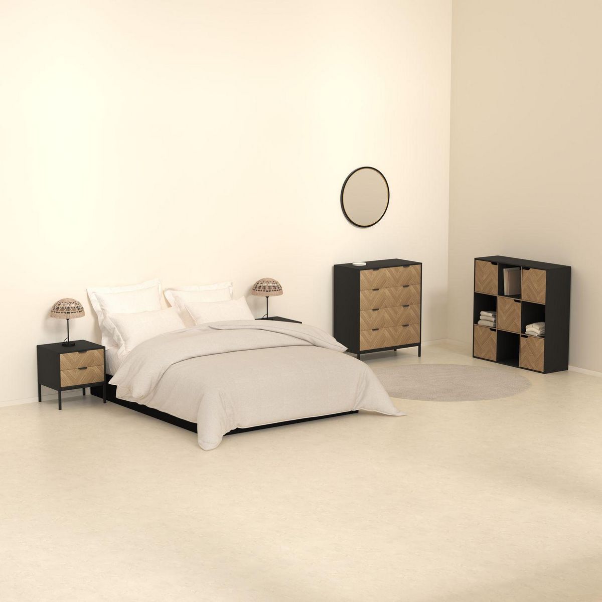 FIVE Table de chevet 2 tiroirs chevron en bois ÉLONE - Noir